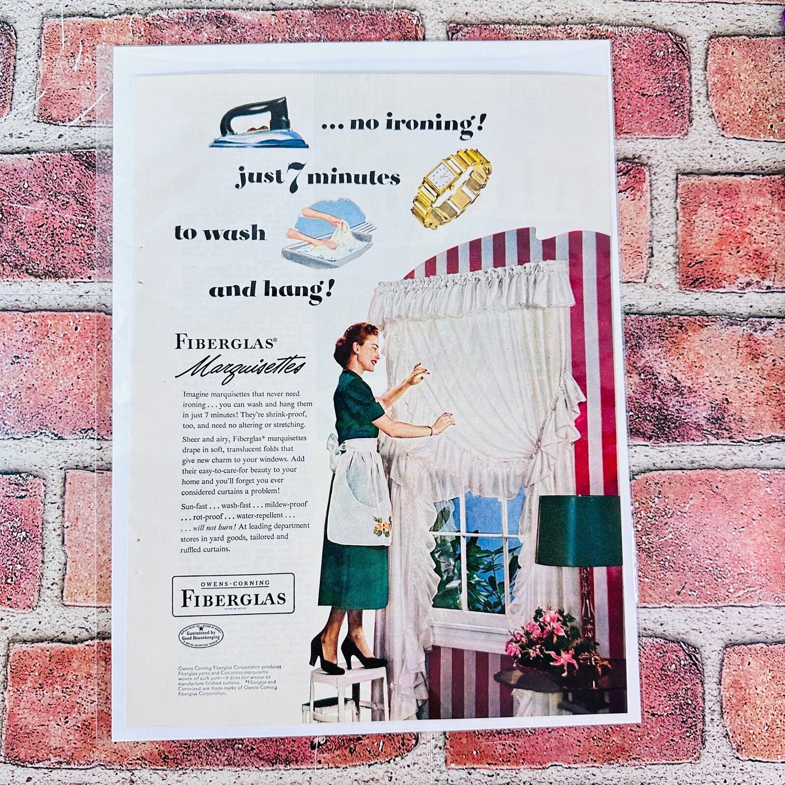 1949 Smiling Housewife on Stepstool Hanging Curtains - Original Retro PRINT AD