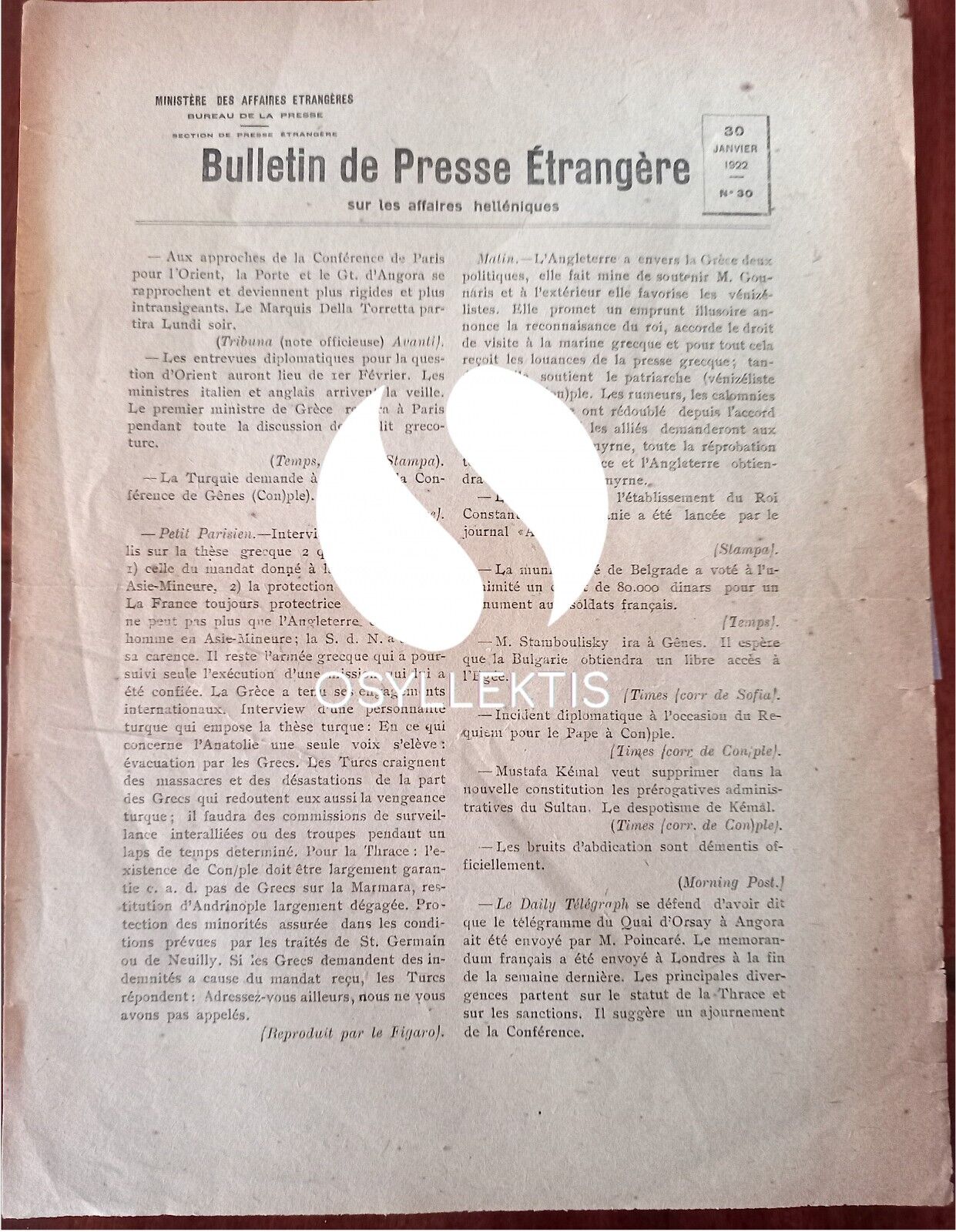 1922, Foreign Press Bulletin, Hellenic Affairs, Kemal Ataturk, Greco-Turkish War