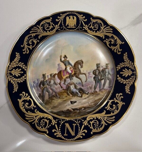 SEVRES Porcelain Napoleonic Plate Battle For Moscow Cobalt Blue Raised Gold Gilt