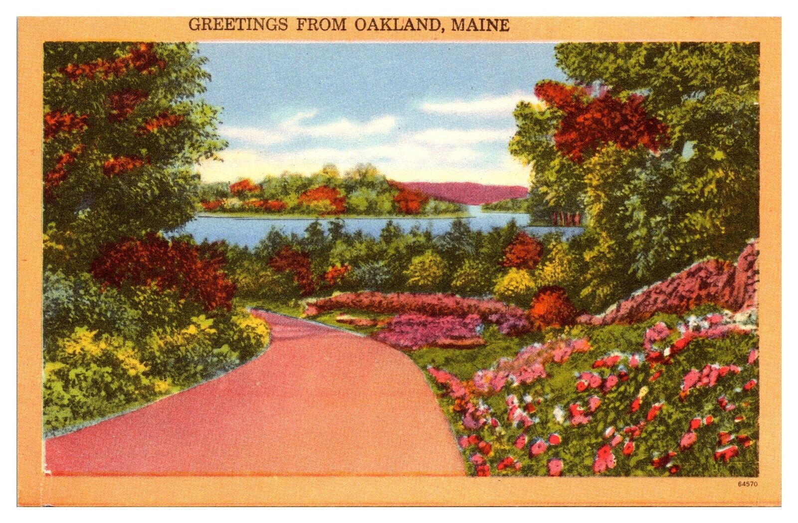 Vintage Greetings from Oakland, Maine, Springtime scene Postcard