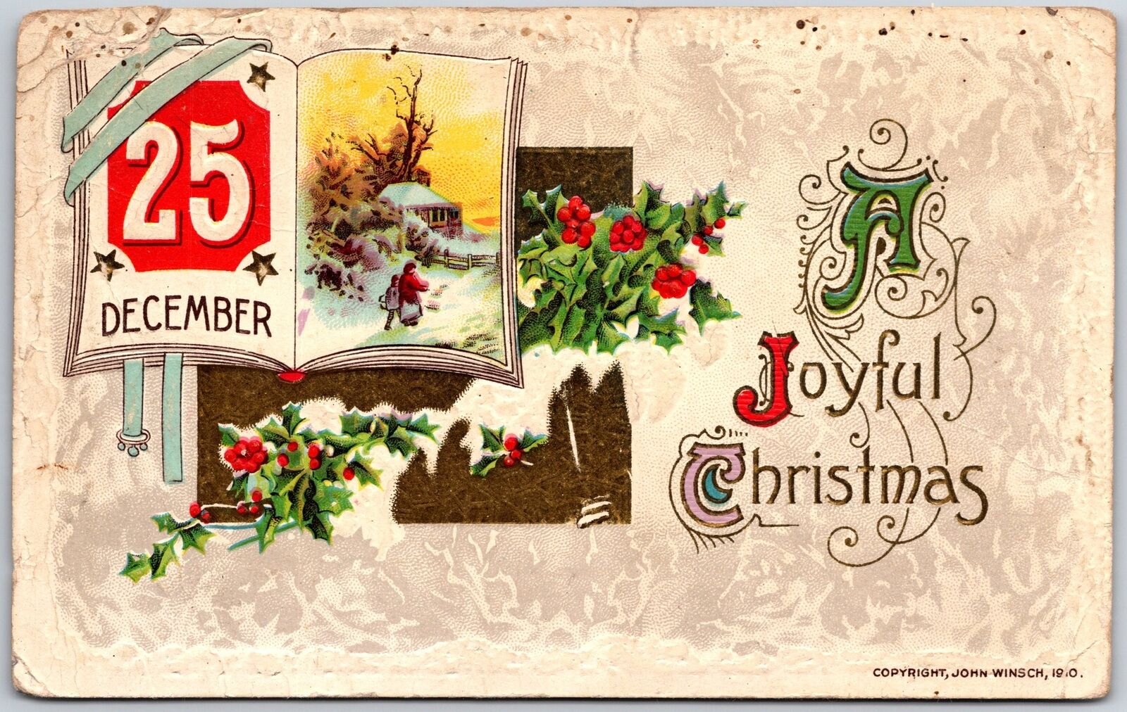 1911 Joyful Christmas Holy Leaf Cherry  December 25 Book Posted Postcard