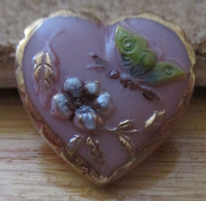 1-Czech Glass Heart-HP Butterfly and Flower-Pinkish Button #37 21.23mm x 21.16mm