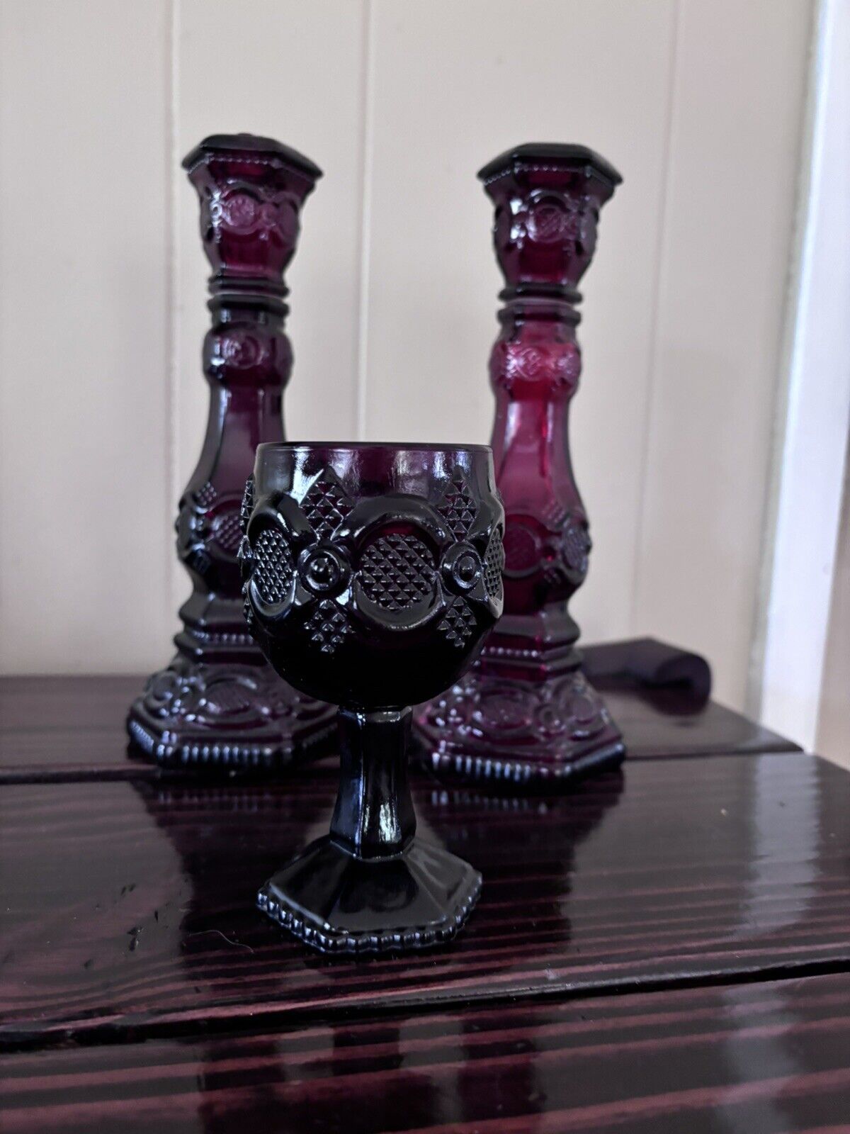 Avon Ruby Red Candle Holders And Goblet 