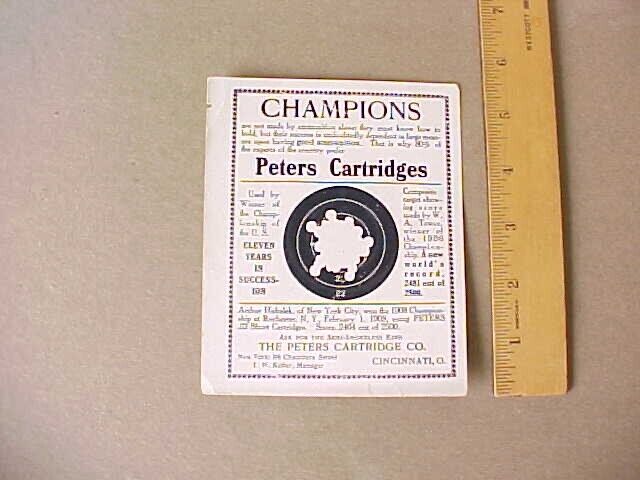 1908 PETERS CARTRIDGE CO. CINCINNATI ADVERTISING TRADE CARD Fine V. scarce
