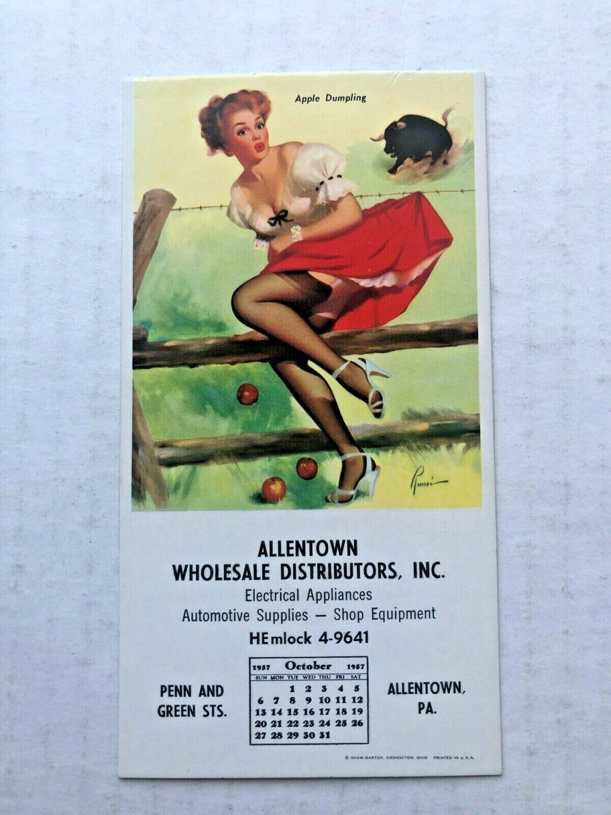 October 1957 Pinup Girl Calendar Blotter w/ Woman Running from Bull