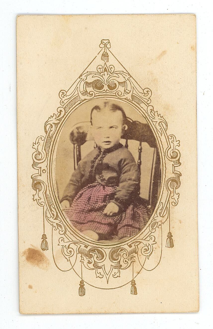 Antique Cartouche Hand Tinted ID\'d CDV c1860s Adorable Baby Sitting in Chair