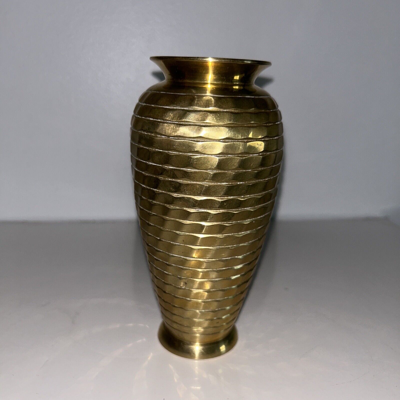 Vintage Ribbed Solid Brass Vase. 6.5”H. India