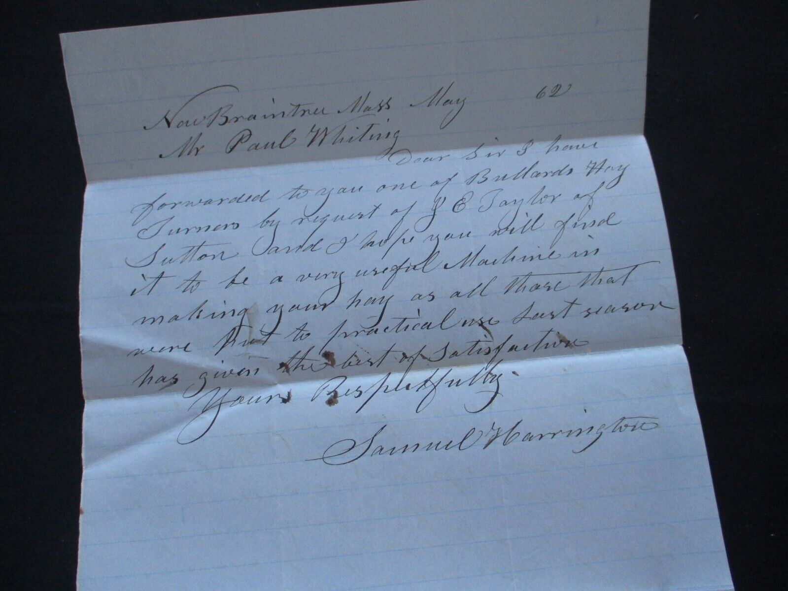 1862 New Braintree Mass. Samuel Harrington handwritten signed Hay Machine letter