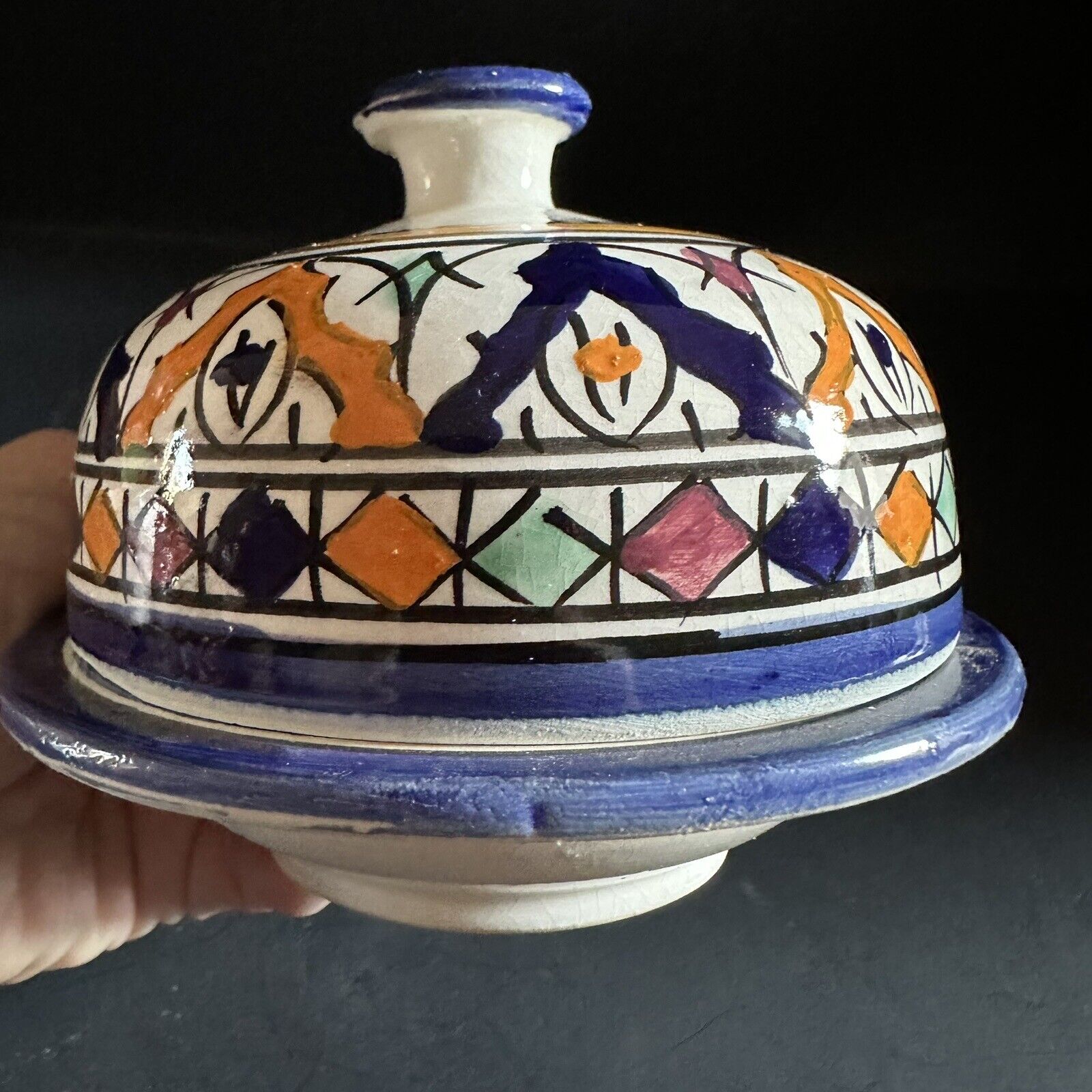 Vintage Fes Ceramic Glazed Covered Dish Bowl Moroccan Colorful Pottery EUC