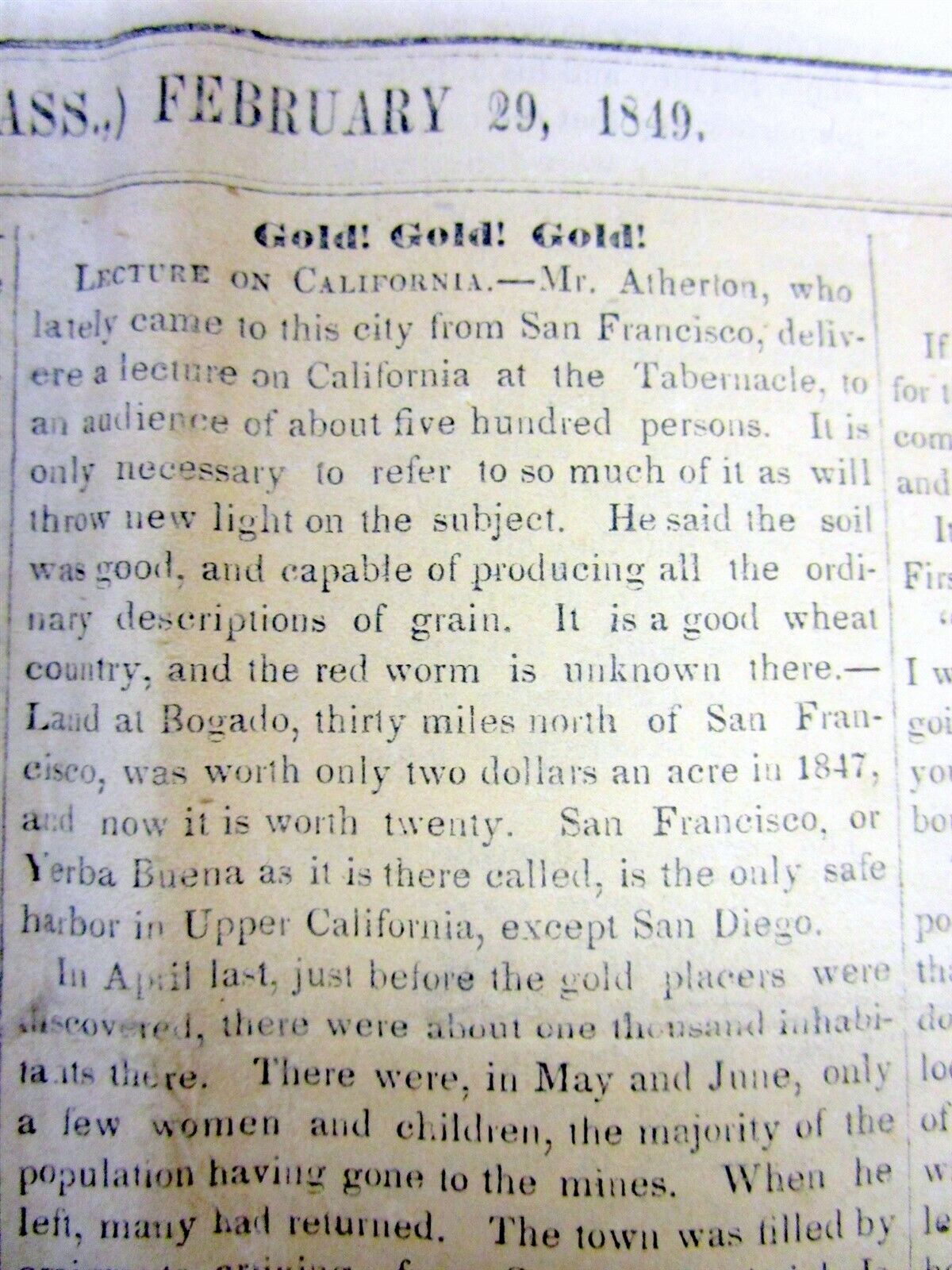 1849 headline newspaper EYEWITNESS ACCOUNT BEGINNING of THE CALIFORNIA GOLD RUSH