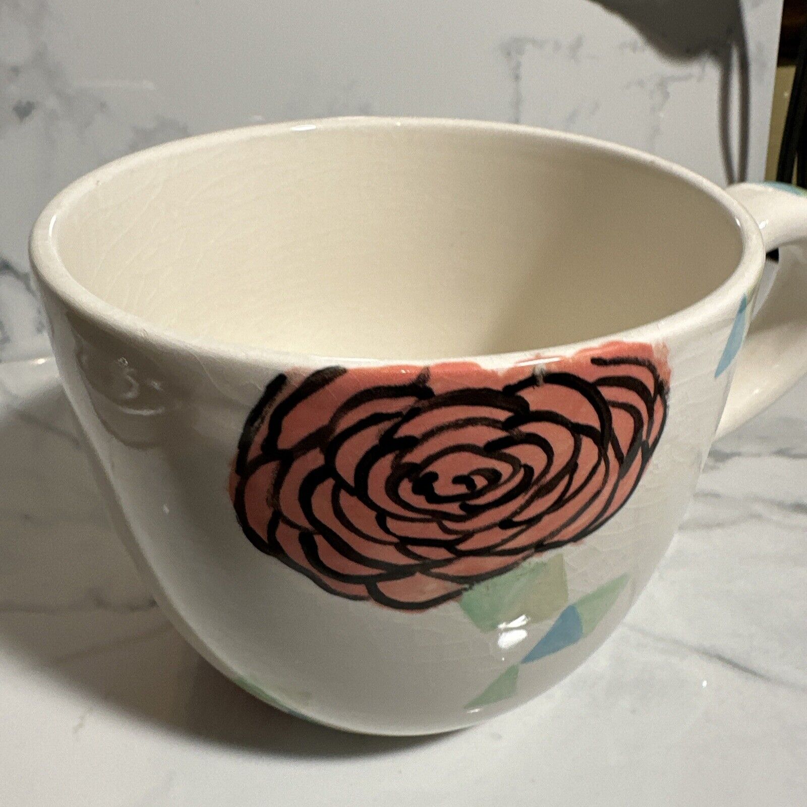 Extra Large Coffee Mug With Flower - Signed And Hand ￼Painted “ Hola” Inside EUC