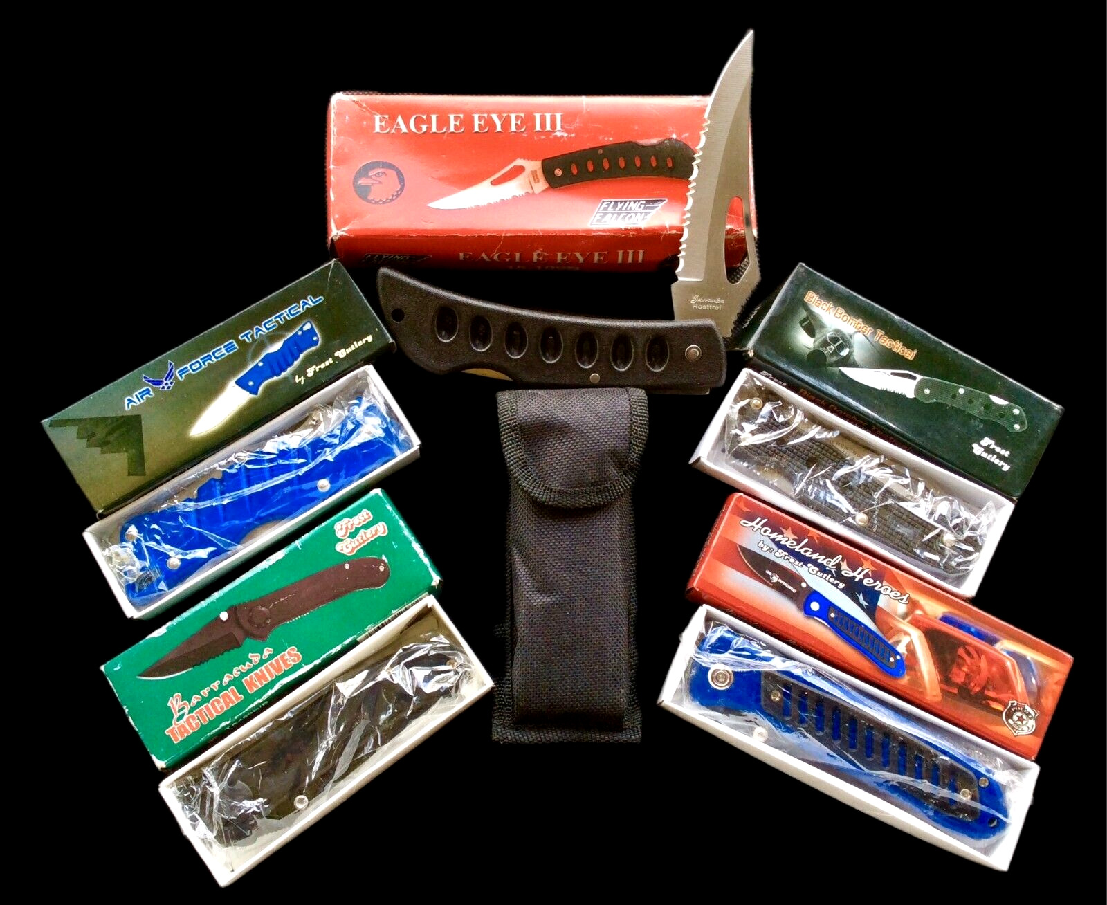 Frost Cutlery, Flying Falcon 5 Pocket Knives - New Old Stock - Damaged Boxes