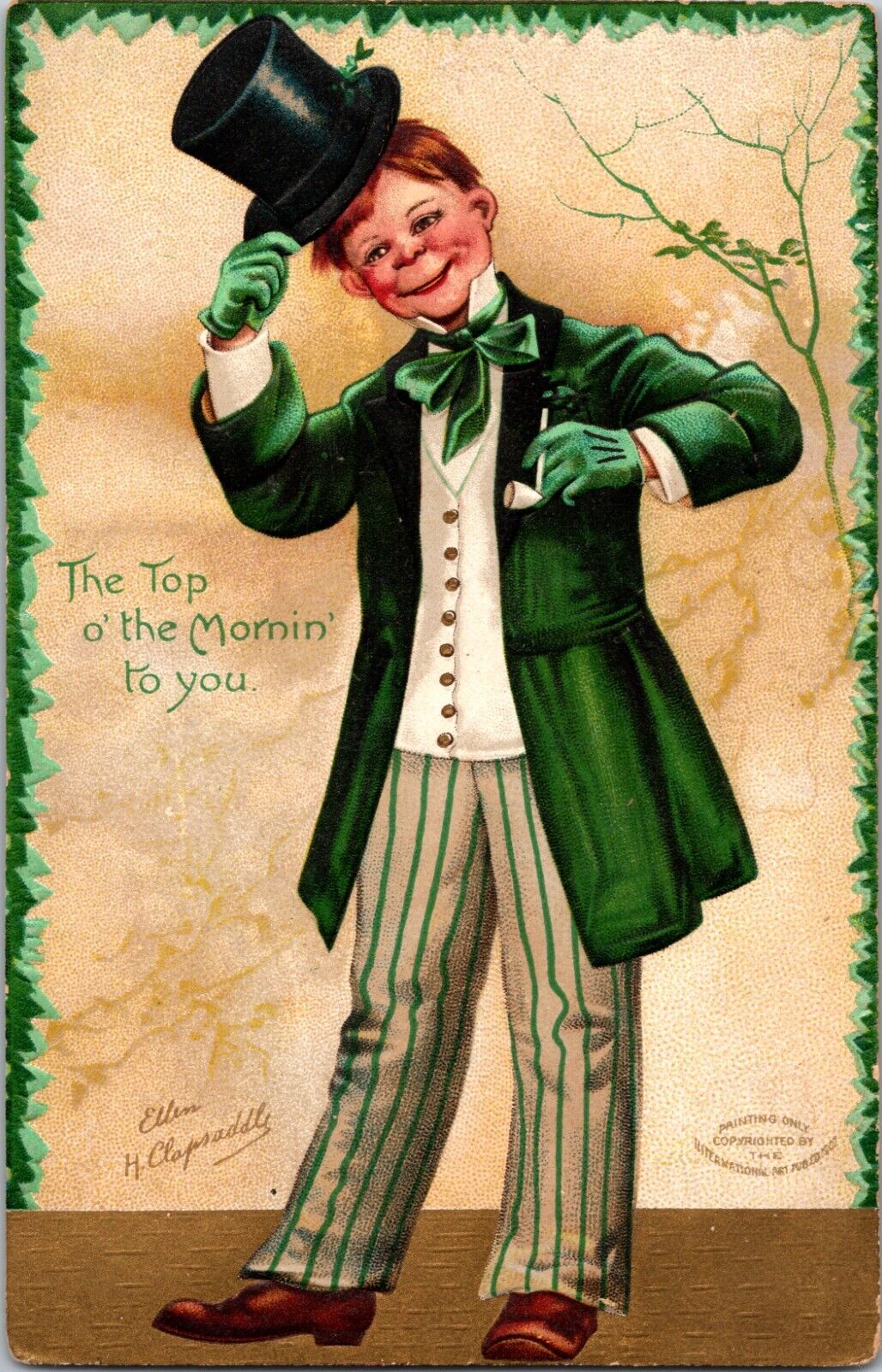 St Patricks Day Postcard Clapsaddle Irish Lad Pipe Top Hat Suit Morning Signed