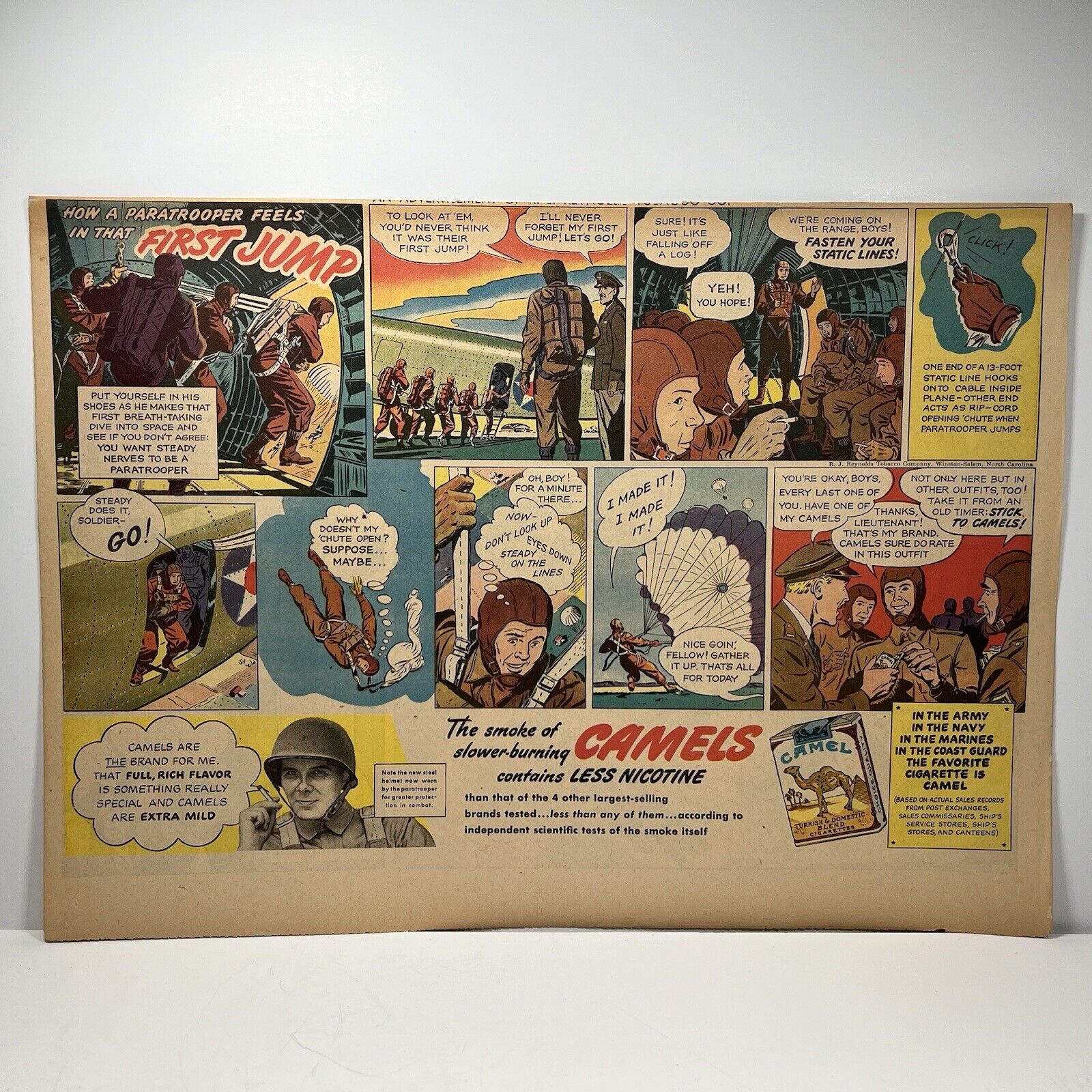 WWII 1942 Camel Cigarettes Paratroopers First Jump Newspaper Comic Strip Add WW2
