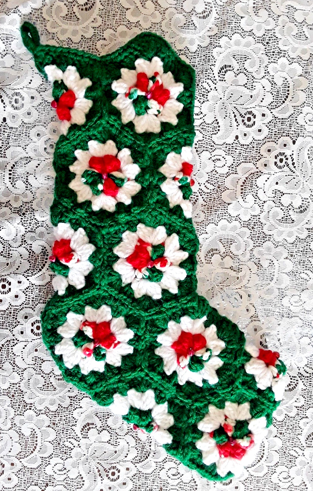#5 New Handmade Crochet Christmas Stocking Red Green & White & Jingle Bells