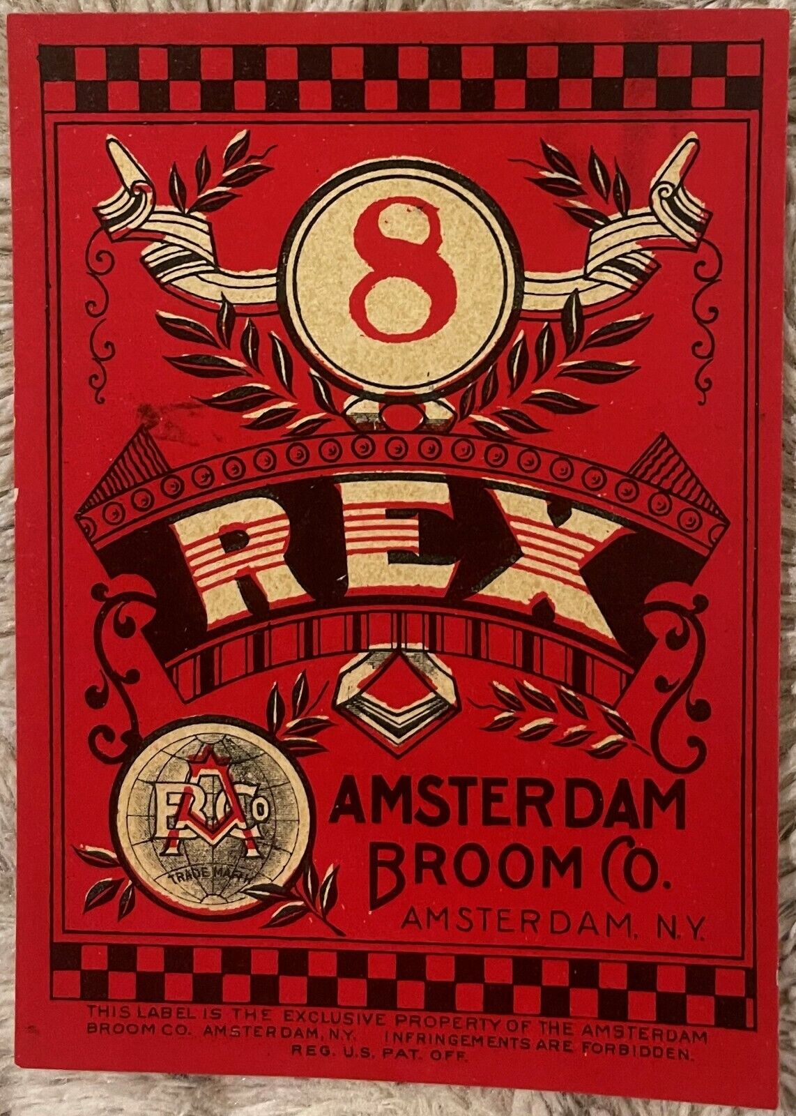 Antique Vintage Rex Broom Label, Amsterdam, NY 1900s -1920s