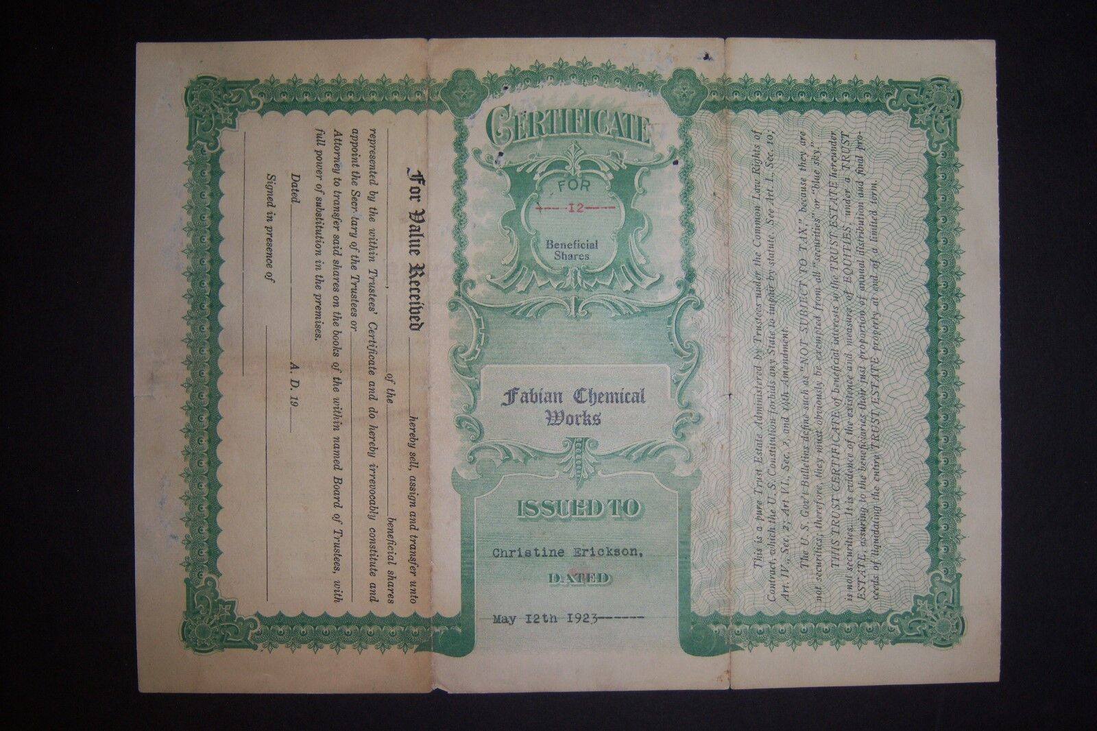 Vintage Certificate for Beneficial Shares FABIAN CHEMICAL WORKS, 1923, stock