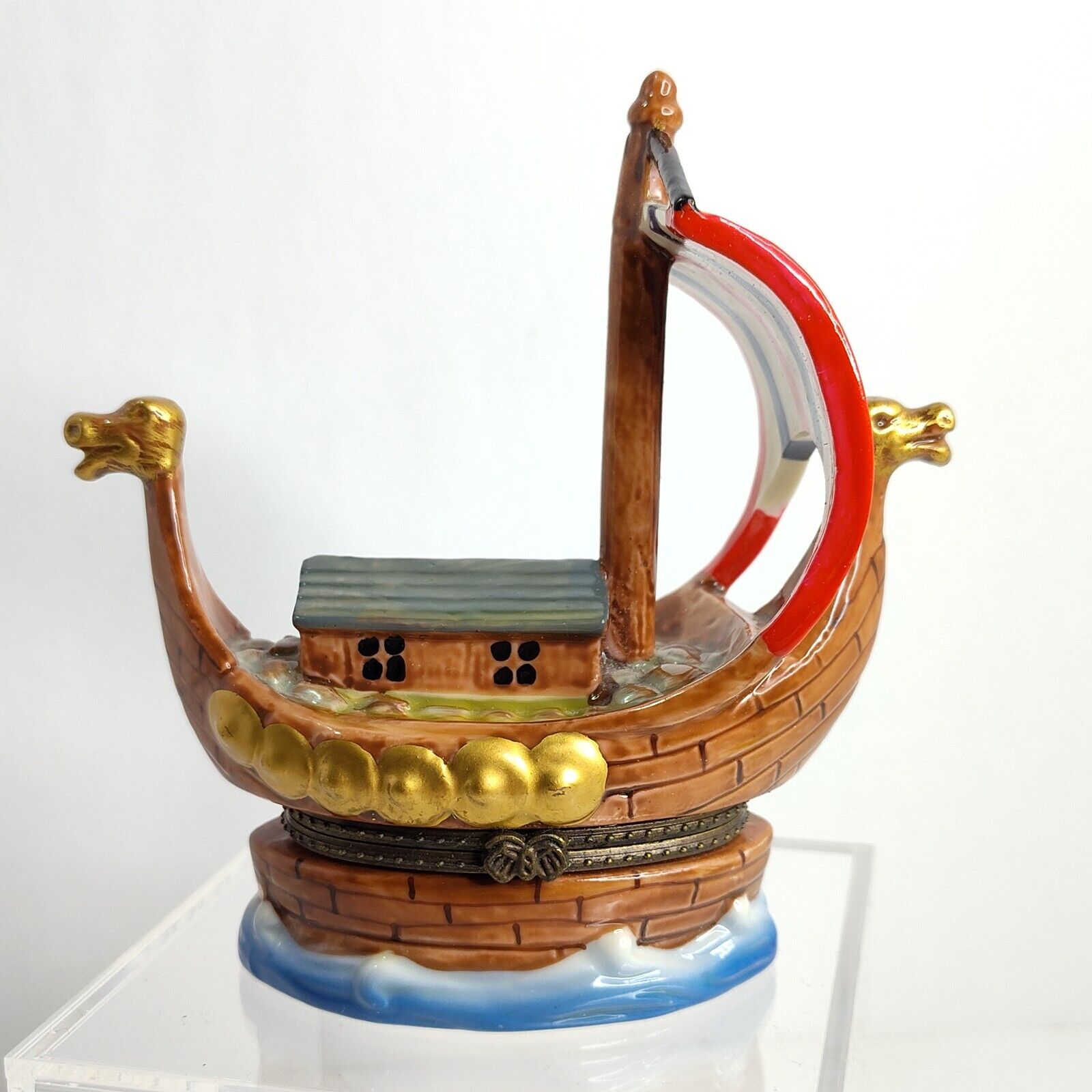 Viking Sailing Ship Trinket Box Red White Blue Striped Sail Ceramic with Trinket