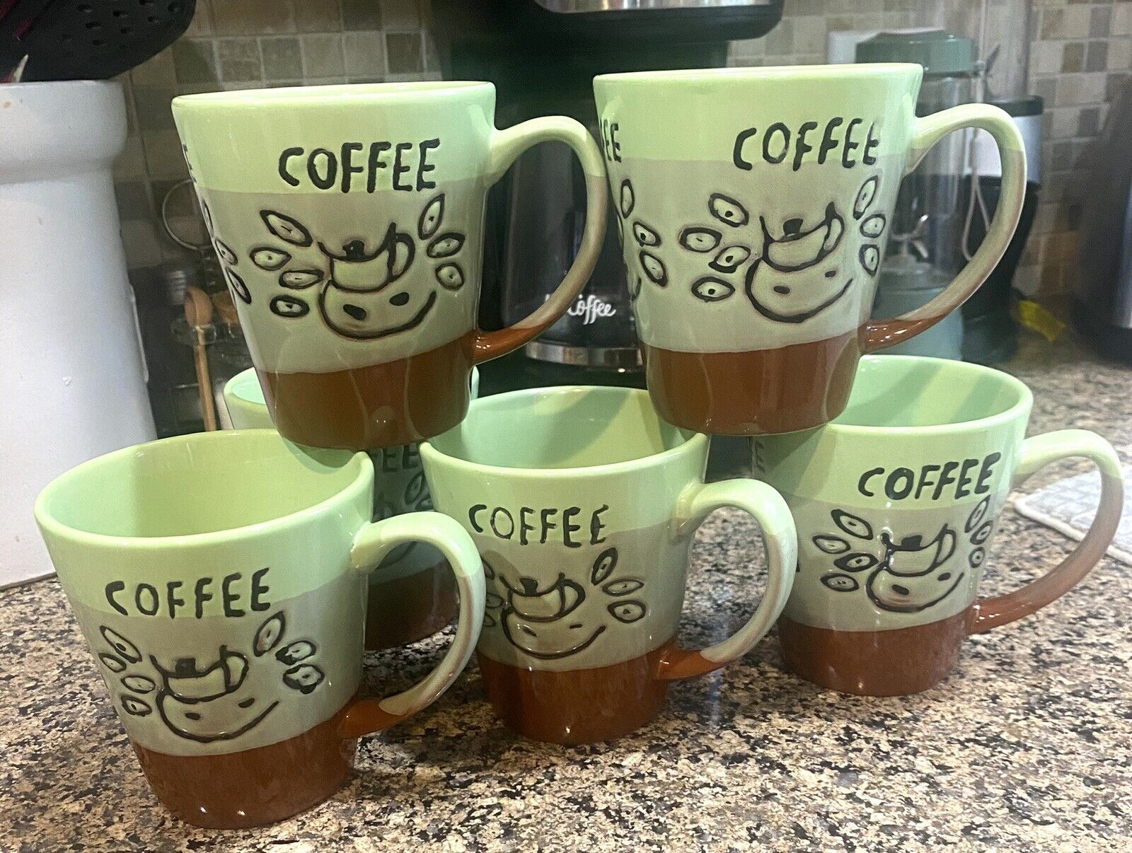 Vintage Green & Brown Coffee Mug Set of 6