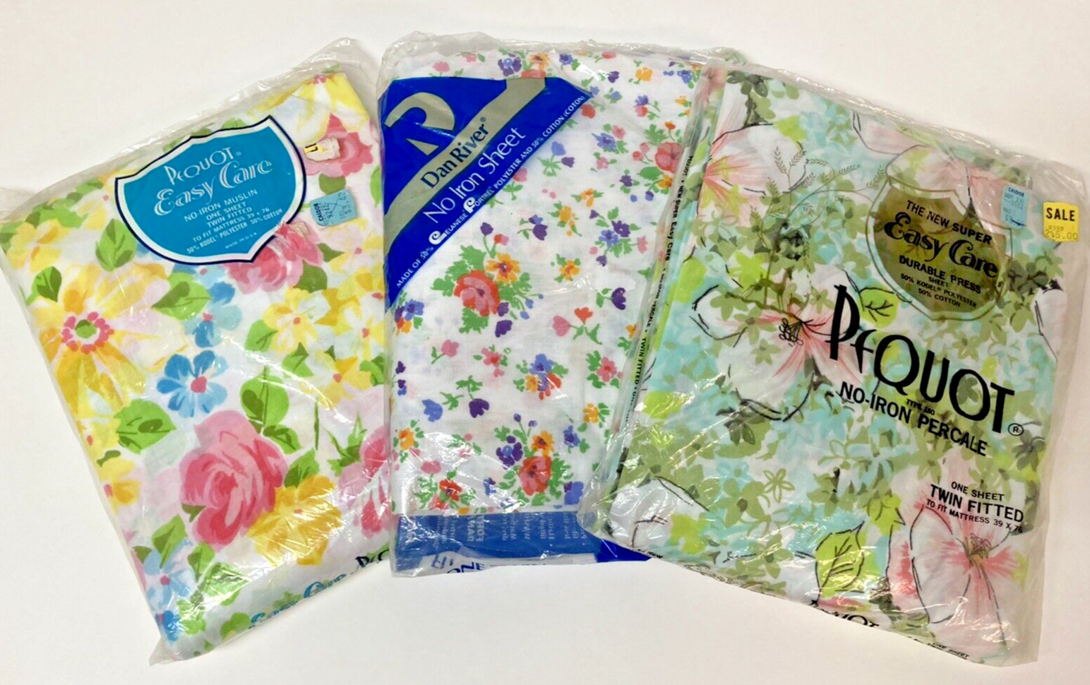 Lot of 3 Vtg Twin Fitted Sheets Pequot + Dan River Floral No Iron USA New Sealed