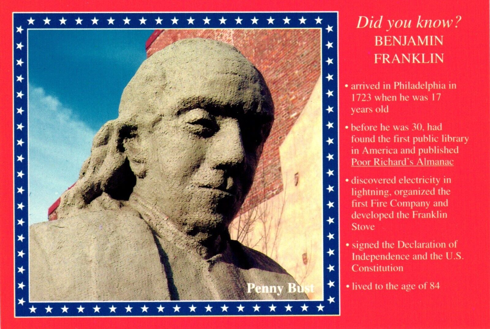 Benjamin Franklin Penny Bust Philadelphia Pennsylvania Postcard