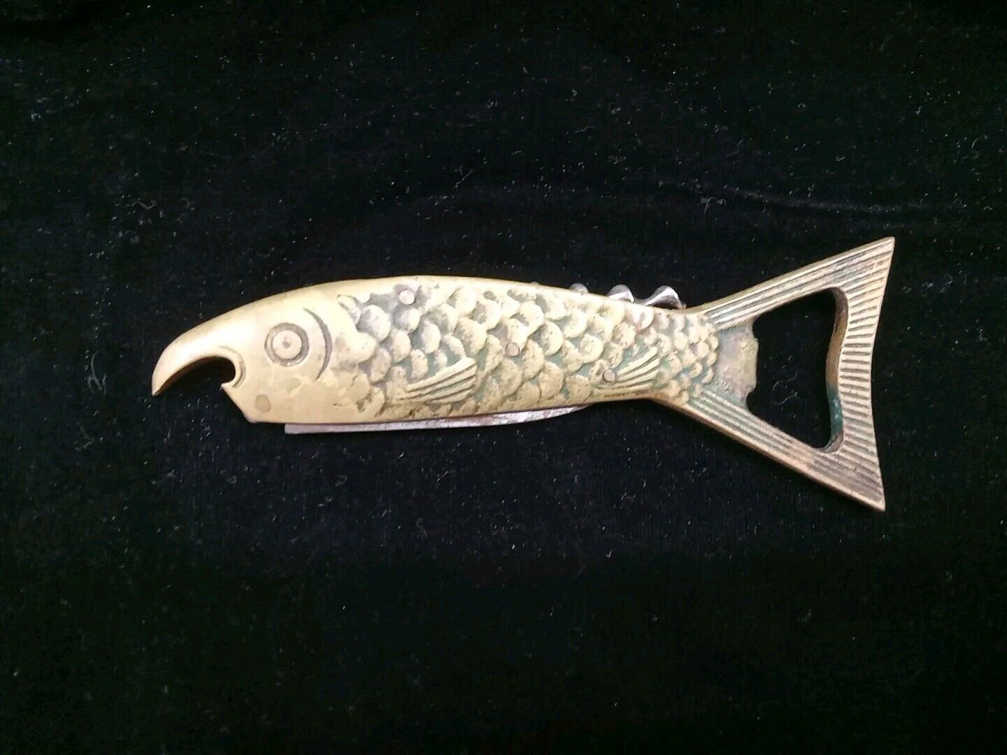 RARE 1940s Antique Barware Brass German Fish Knife Corkscrew Can Opener