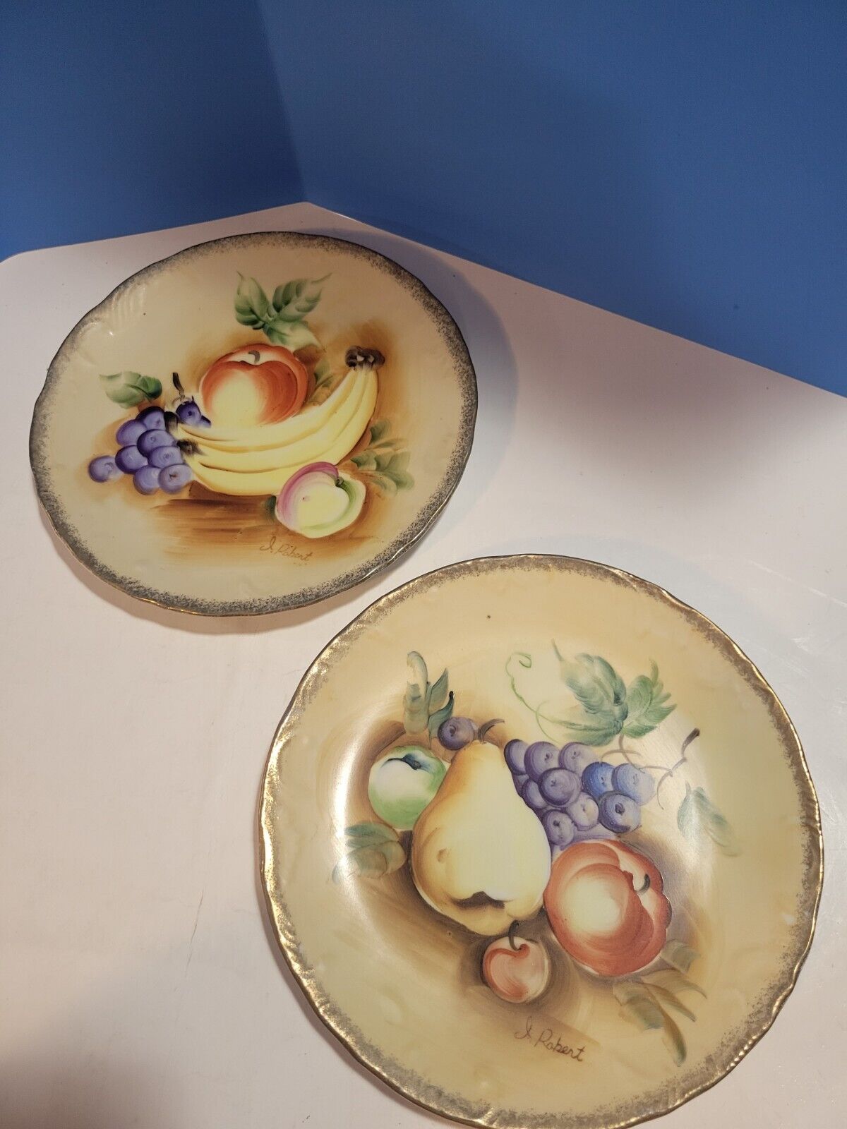 2 Vintage German Royal Crown Plates Fruit Design Signed And Numbered 8.25\