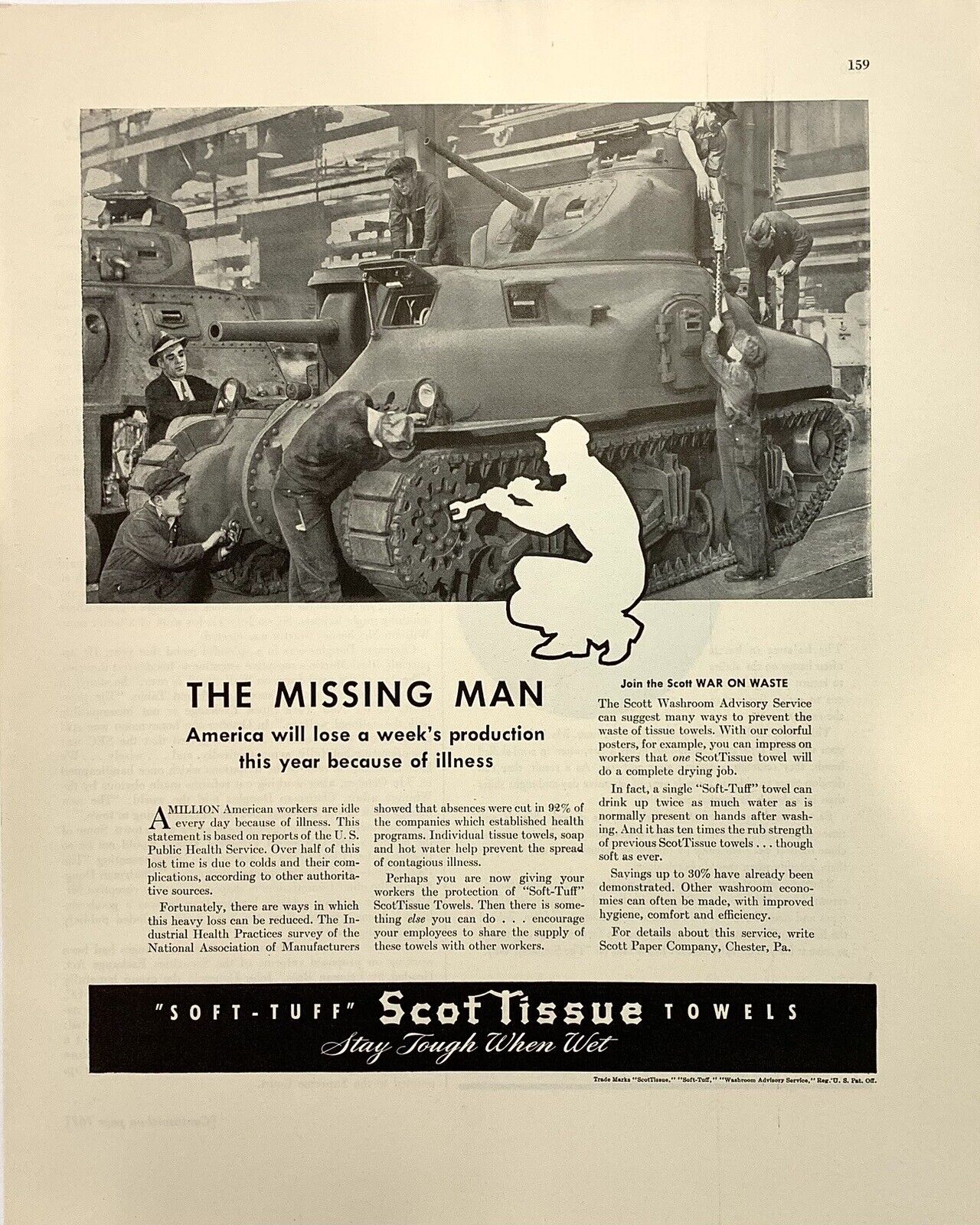 Magazine Print Ad Vintage 1942 WWII Scot Tissue Towels Scot-Tuff Missing Man