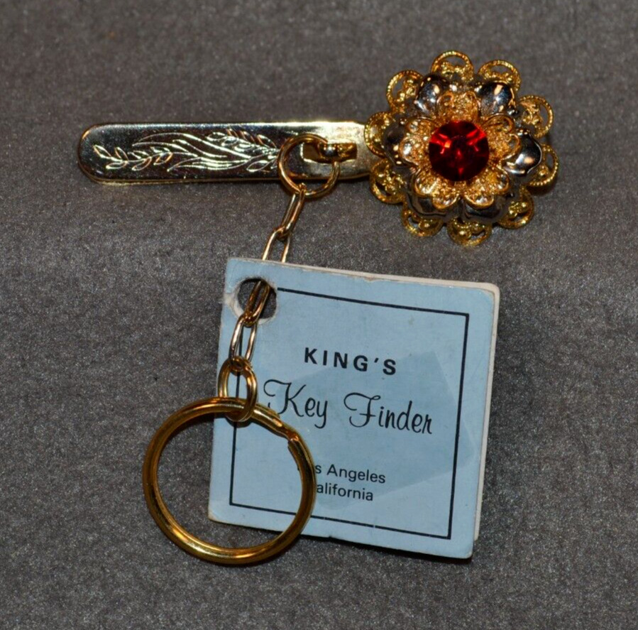 King’s Key Finder Purse Clip Keychain NWT Vintage Red Glass Crystal Gold Tone