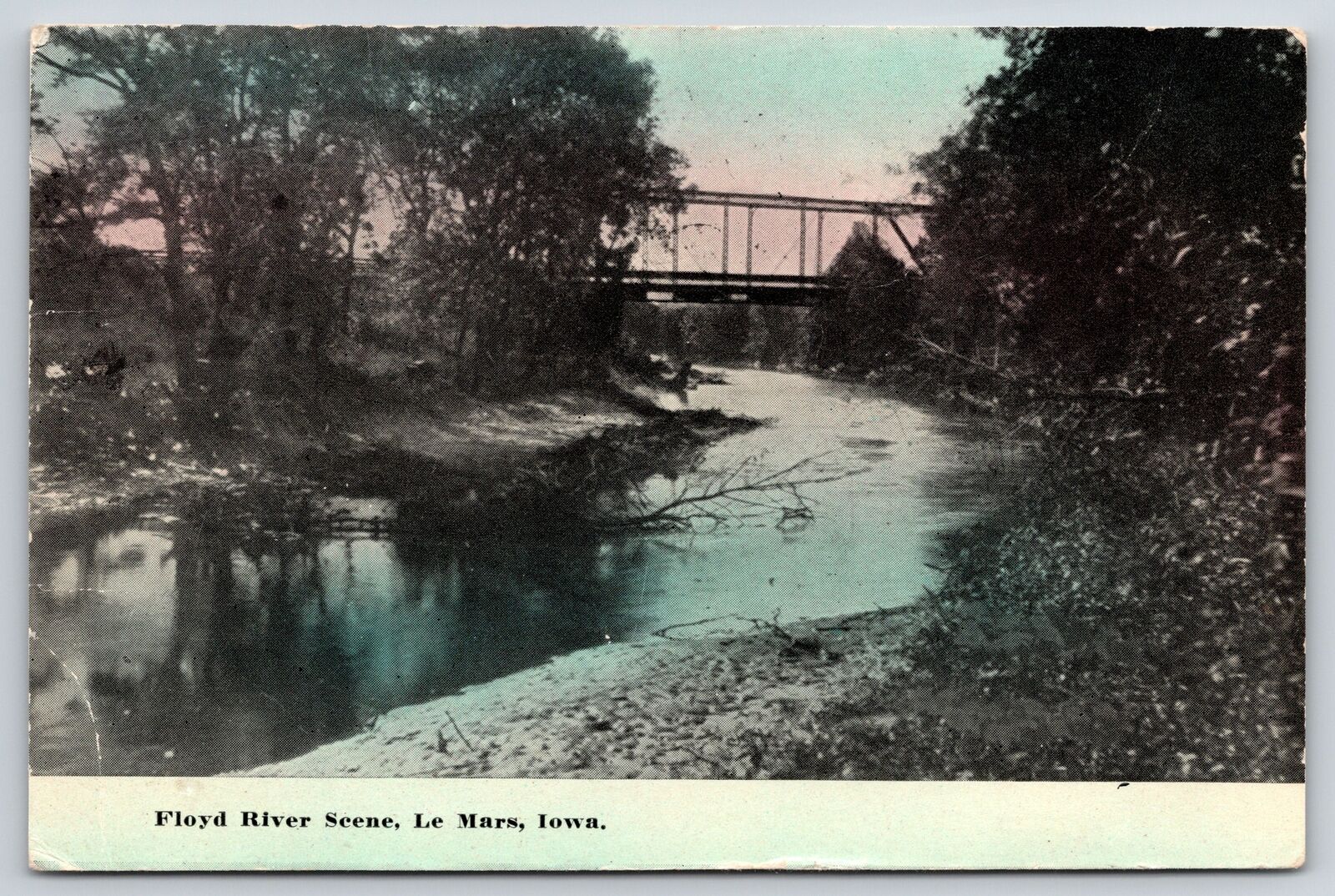 Le Mars Iowa~Floyd River Single Span Bridge @ Sundown~1913 Postcard