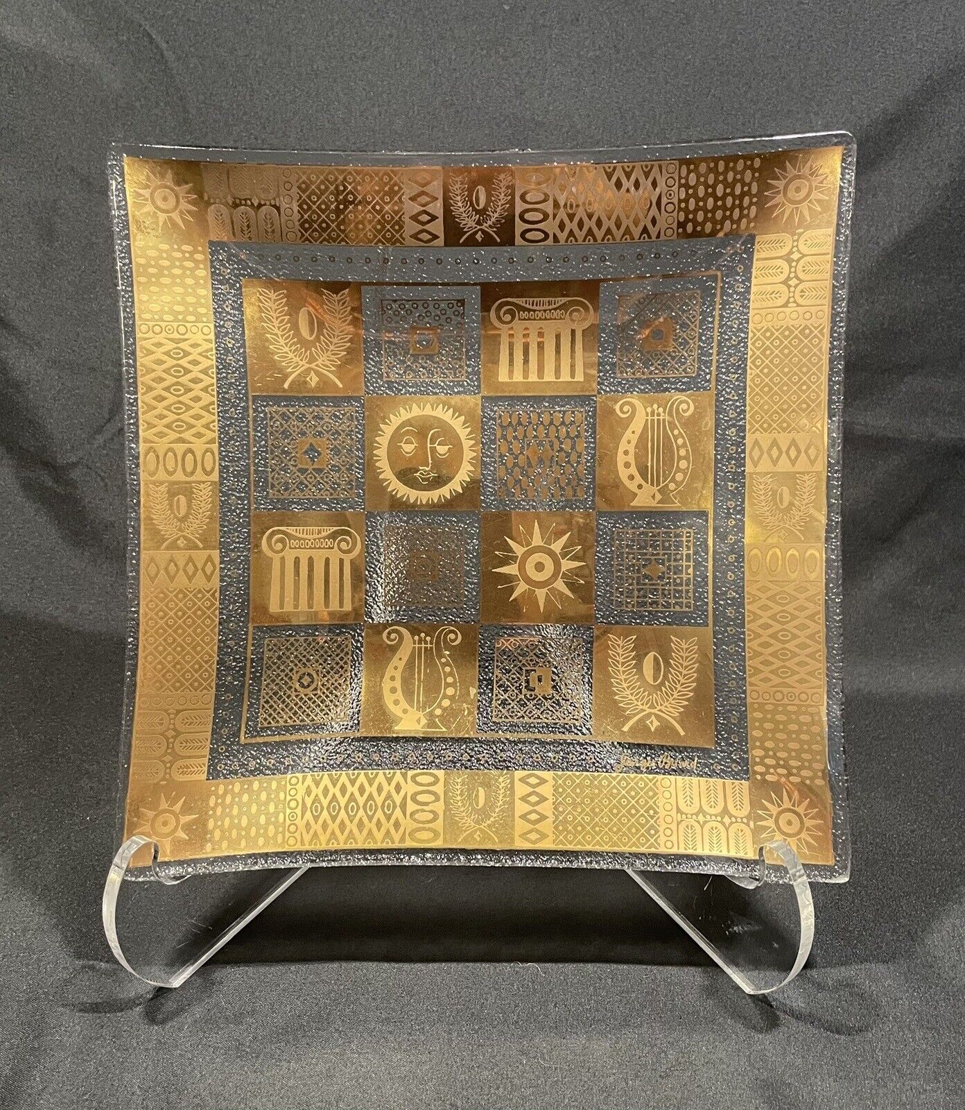 Georges Briard Square Bent Glass Dish Gold Sun Lyre Motif Mid Century McM