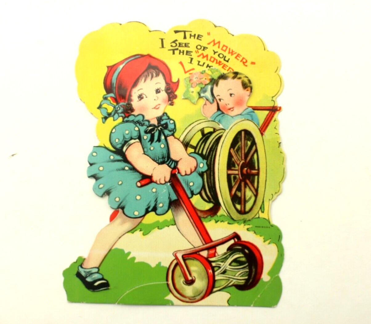1930’s-40s Mechanical Valentines Day Little Girl With Push Mower Little Boy Hose
