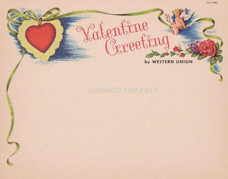 Western Union Valentine Greeting Unused Telegram Form 8 x 6¼