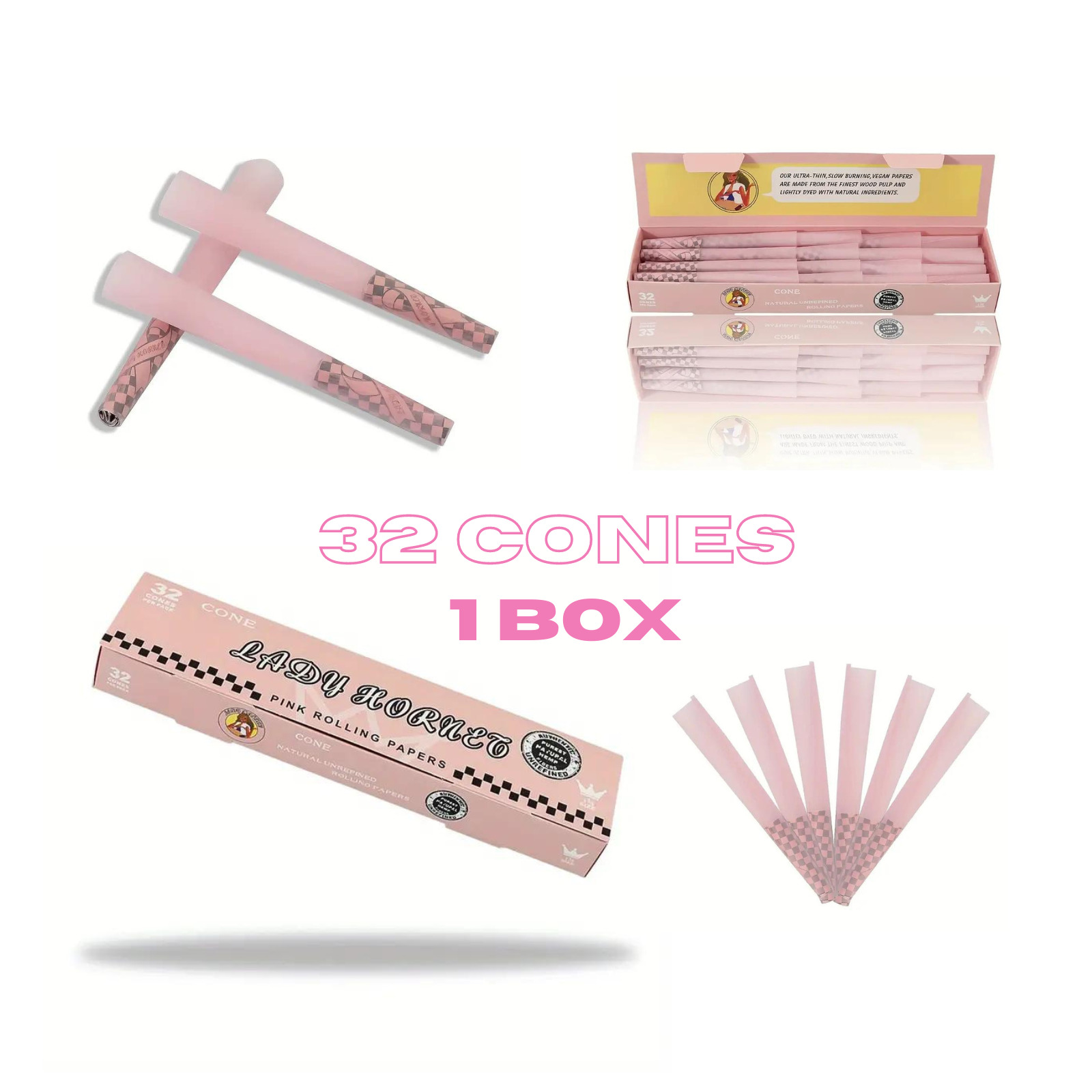 1 Box/32pcs Pink Lady Hornet 78mm Natural Pre Rolled Rolling Cones Paper THB-93