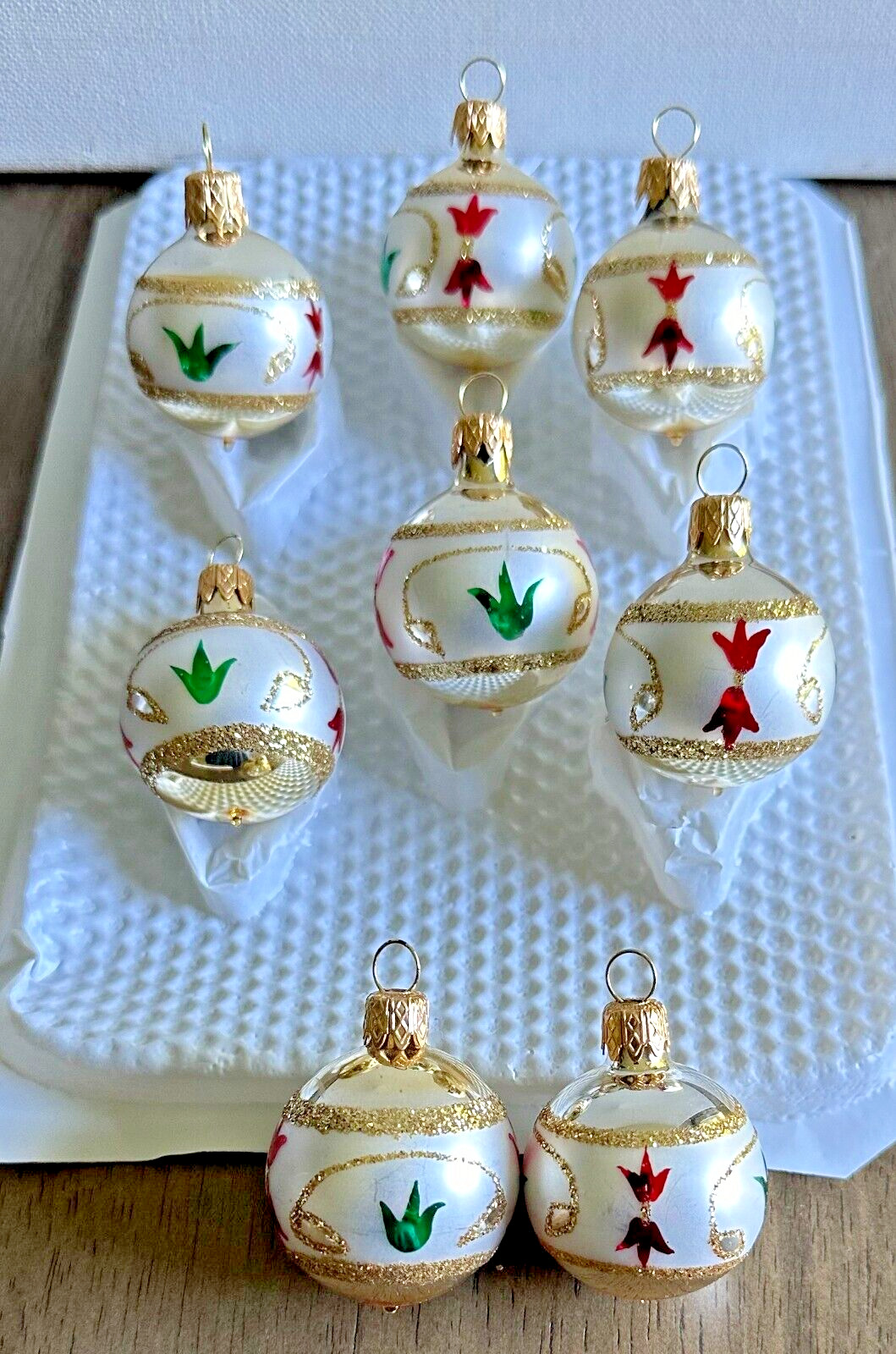 8 Vintage Gold Glittered Glass Christmas Ornaments