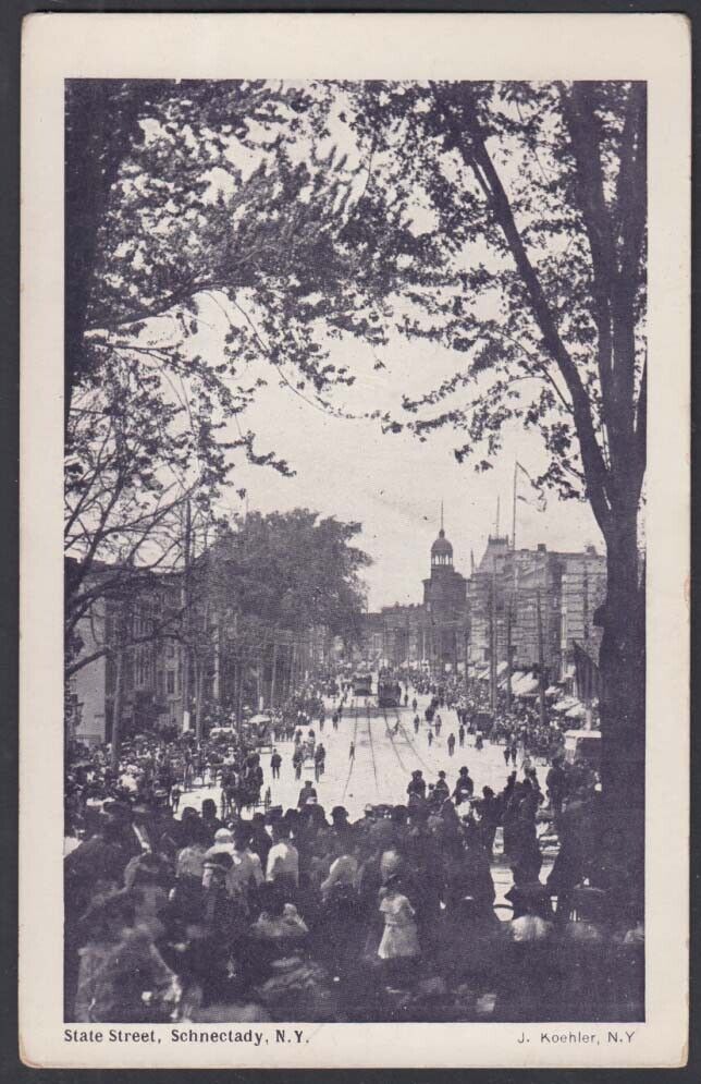 Crowds of people on State Street Schenectady NY undivided back postcard c 1905