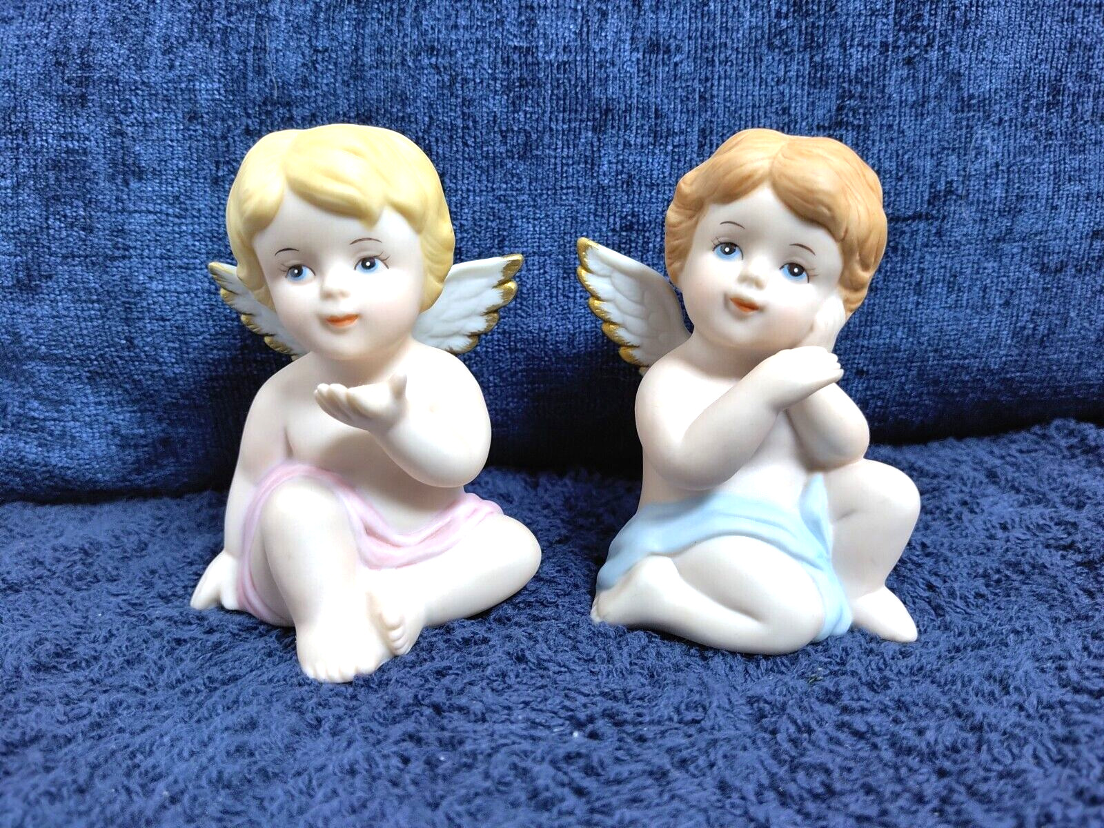 Vintage Pair of Homco 1430 Angel Cherub Figurines Porcelain Gold Trimmed Wings