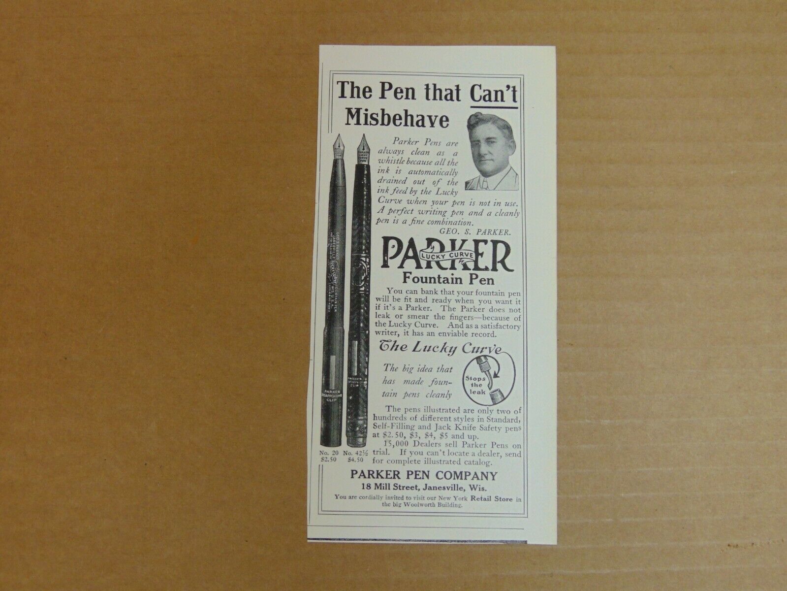 1913 PARKER FOUNTAIN PEN The Pen That Can\'t Misbehave print ad 