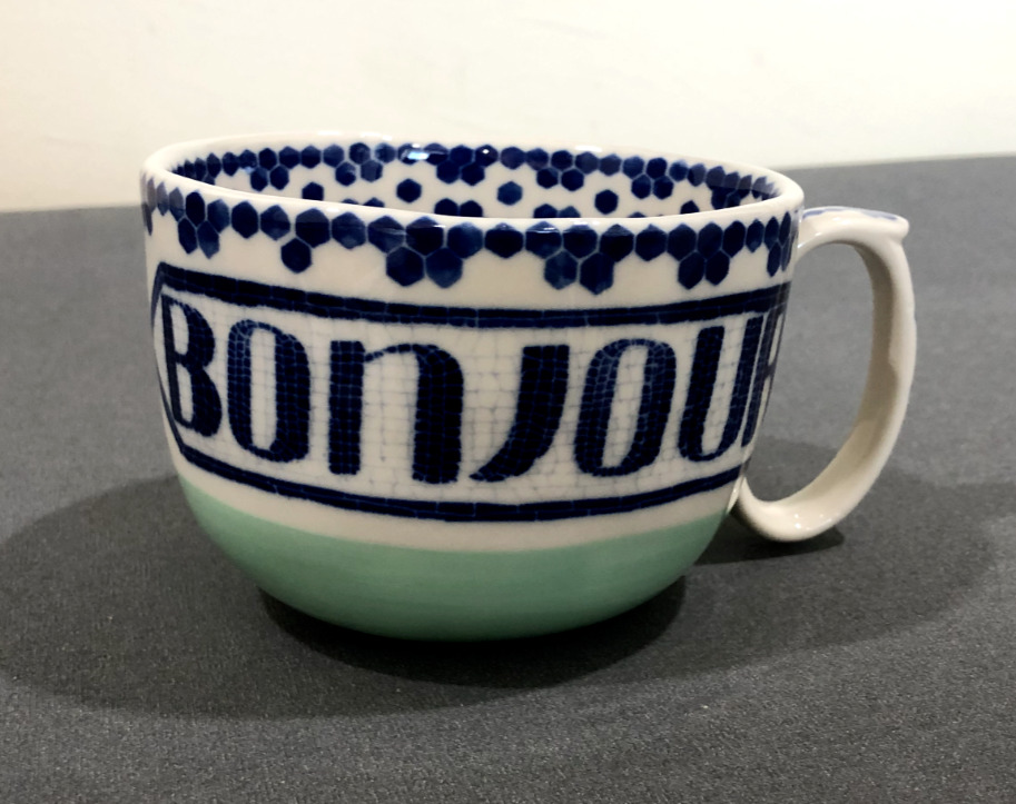 One (1) Anthropologie Ceramic Bonjour Valerie Mug Cup Blue Ivory Light Green