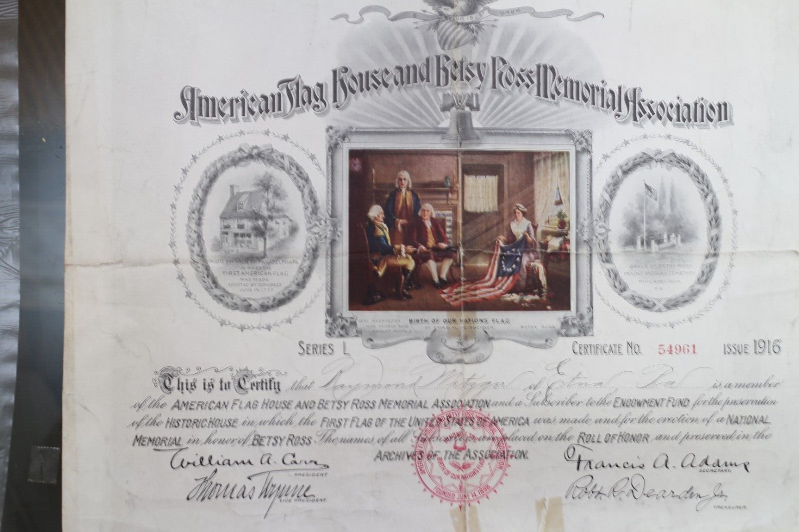 American Flag House and Betsy Ross Memorial Association Certificate: Dated 1916