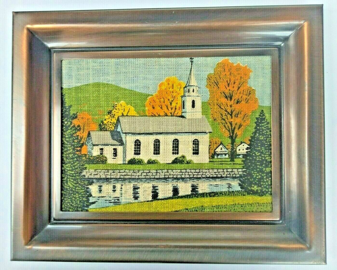 Vtg Fall Scene of Country Church by River Paint Burlap Wall Picture Art -Copper