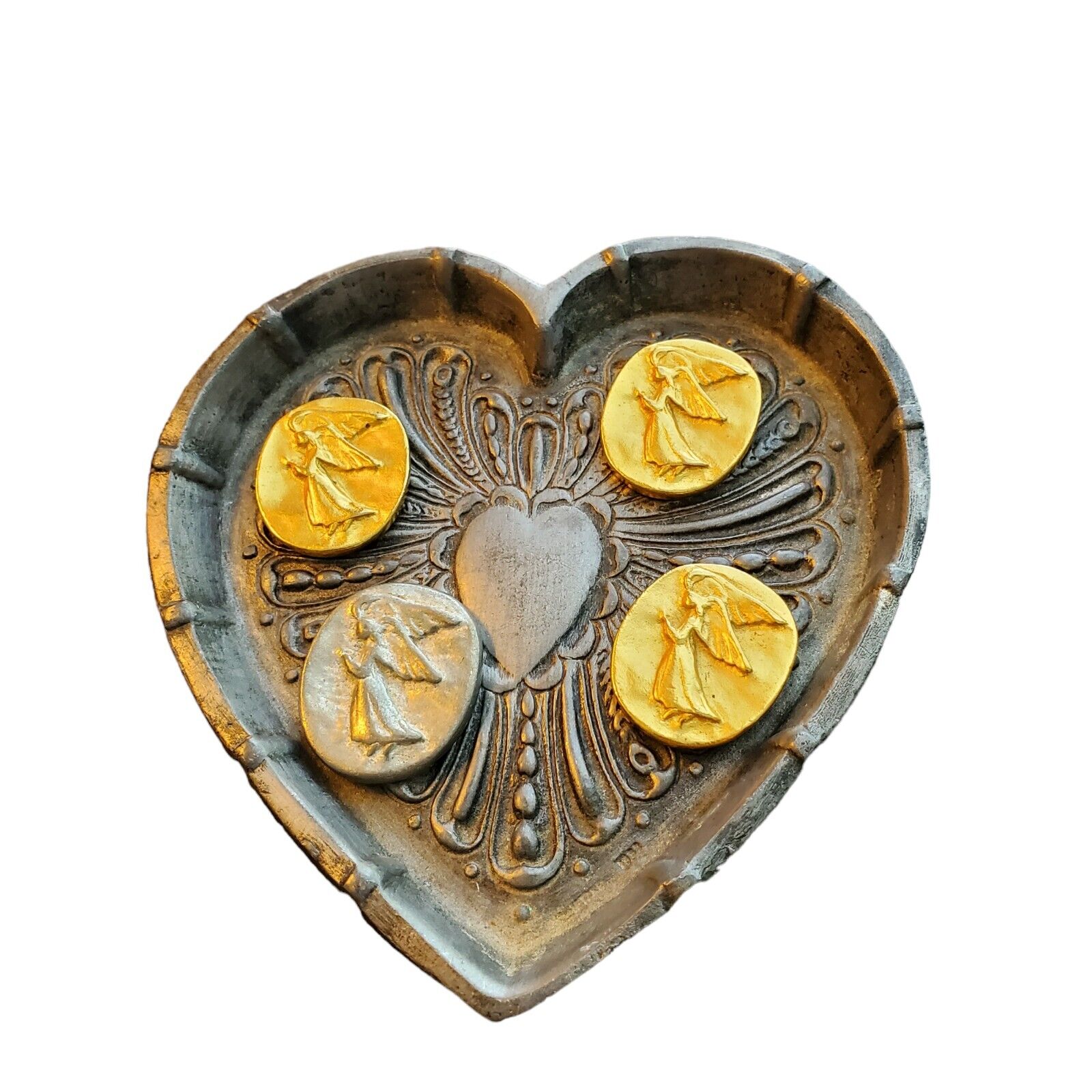 Vintage Metzke Pewter Trinket Heart Shaped Dish Hammered 4 Guardian Angel Tokens