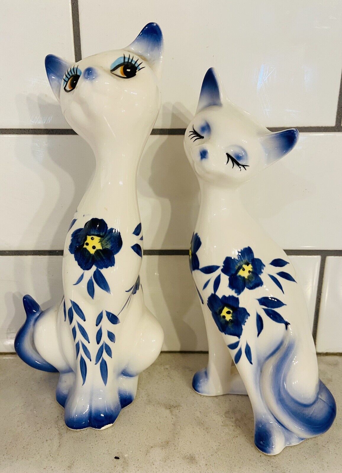 Vintage Pair Cat Figurines Blue and White