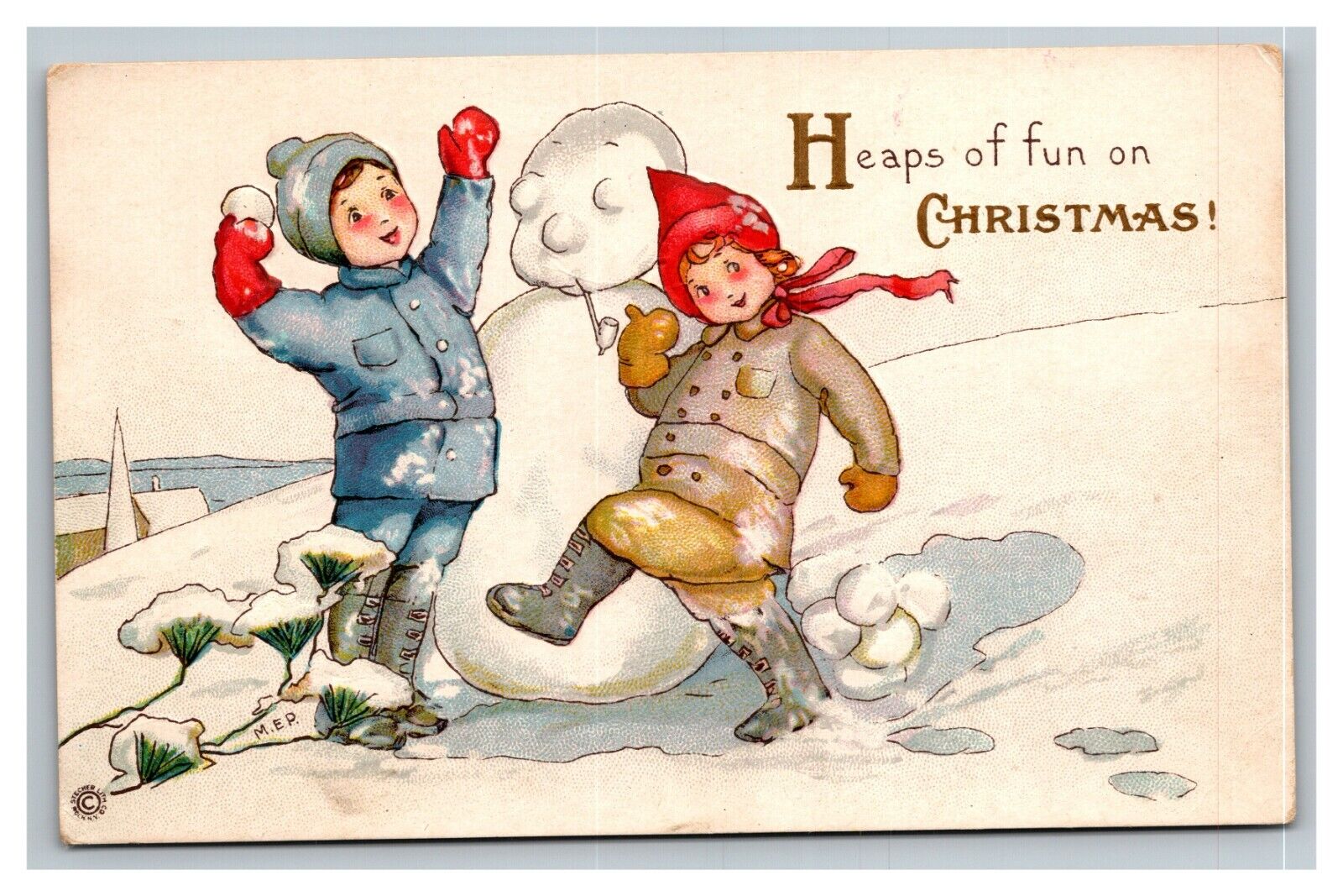 Vintage 1900\'s Christmas Postcard Embossed Boys Making a Snowman Gold Lettering