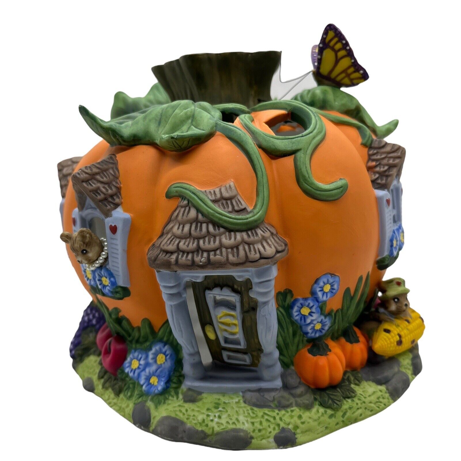 Partylite Harvest Pumpkin House Tealite Candle Holder w/ Mice Butterfly Open Box