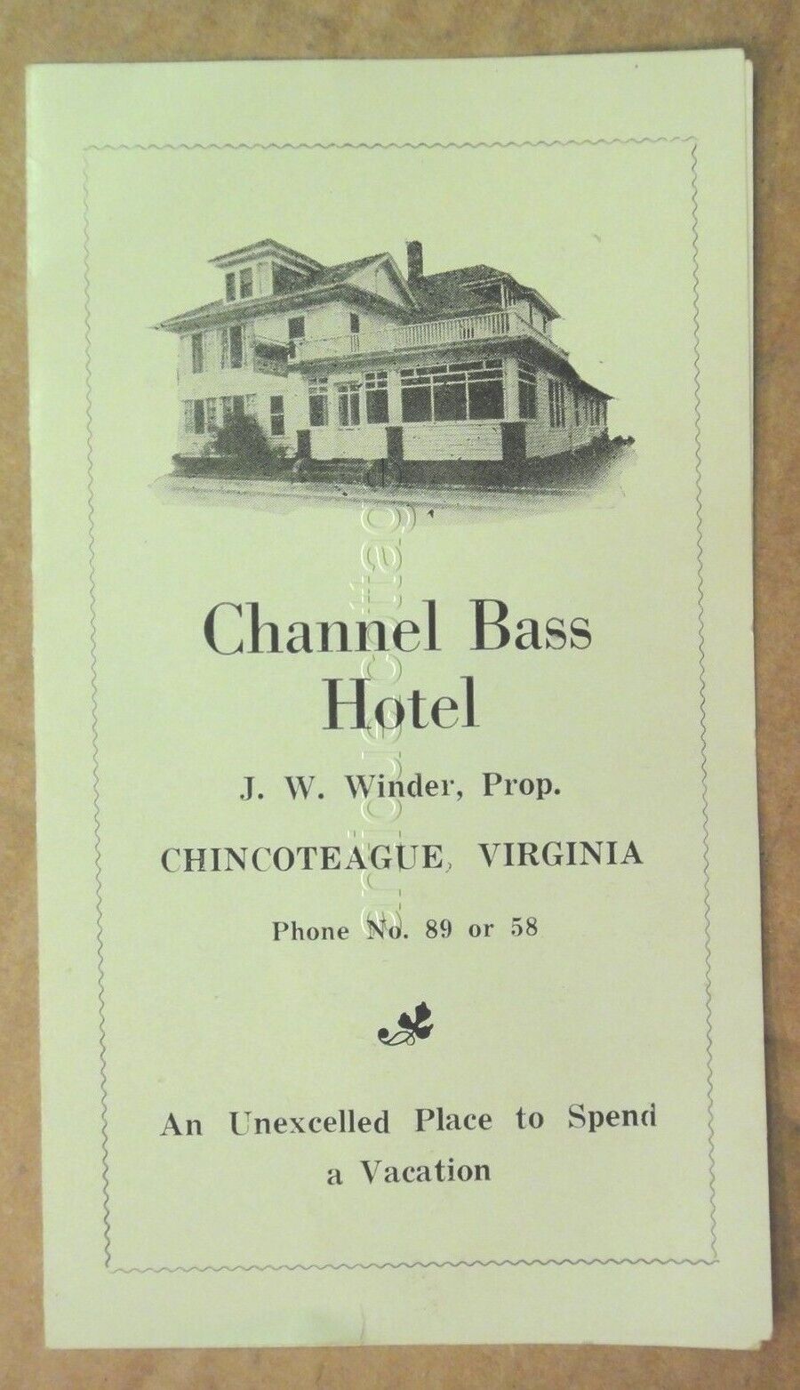 vintage antique CHANNEL BASS HOTEL chincoteague va ADV w PRICES j.w.winder