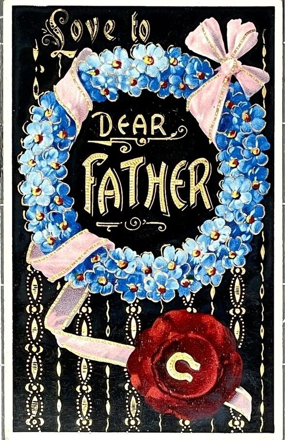 c1910\'s Father Pansies Flowers Wreath Horseshoe Gel Gold Gilt Antique Postcard