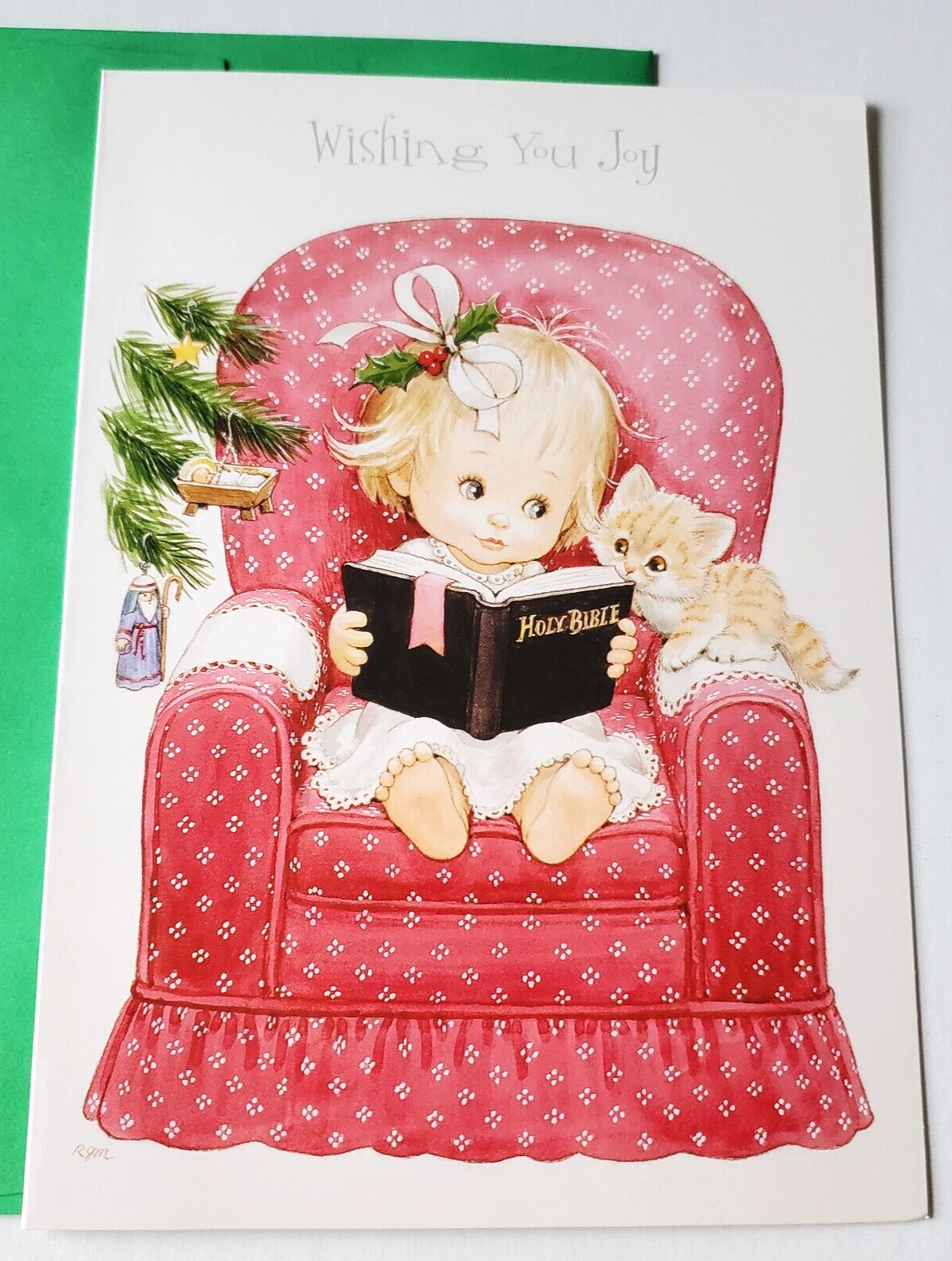 Vintage Christmas Card Ruthie\'s Joy Morehead Cute Girl with Bible Kitten by Tree