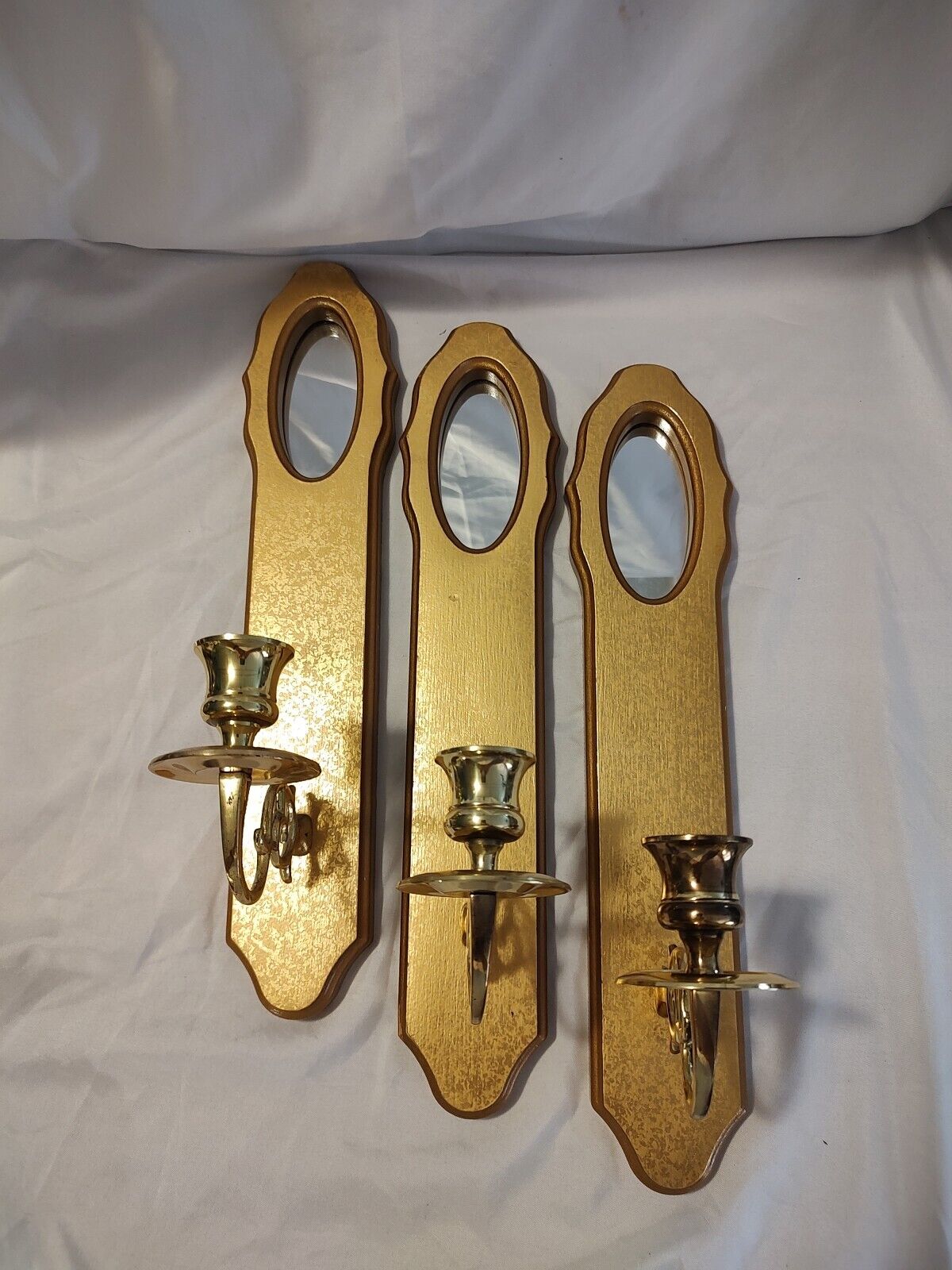 🔥3 Vintage Wall Hanging Faux Gold Leaf Wood Brass Mirror Candle Holders Sconces