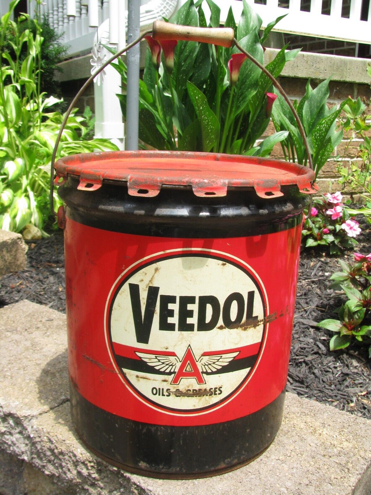 Vintage 1959 Veedol 5 Gallon Oil Can with Crimped Lid & Wooden Handle - Flying A